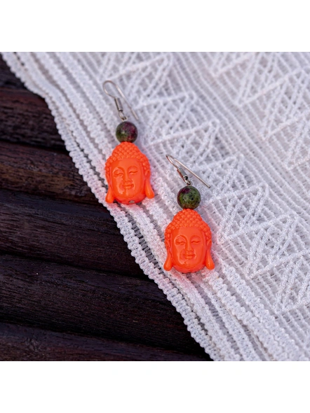 Designer Acrylic Neon Orange Buddha Head Earring with Semi Precious Moss Green Onyx-Orange-Acrylic-Adult-Female-5.7cm-1
