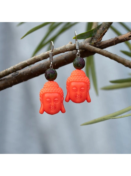 Designer Acrylic Neon Orange Buddha Head Earring with Semi Precious Moss Green Onyx-LAAER344