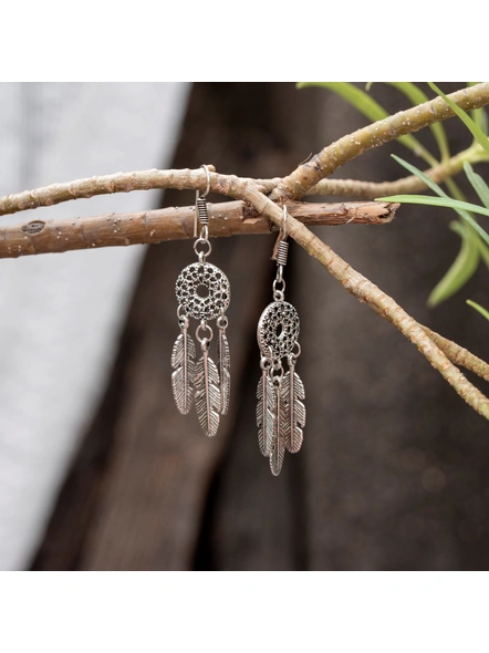 Cute Designer German Silver Dreamcatcher Earring with Feather Charm-2