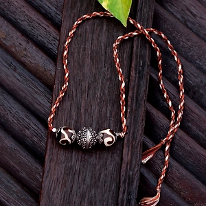 Designer German Silver Focal Bead Brown Acrylic Bead Choker with Adjustable Multicolored Twisted Thread Dori