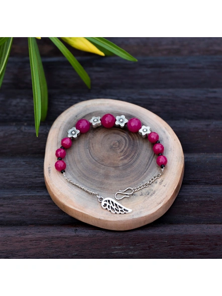 Designer Semi Precious Pink Agate Bracelet with Floral Bead Adjustable Chain and Feather Charm-LAAHB014