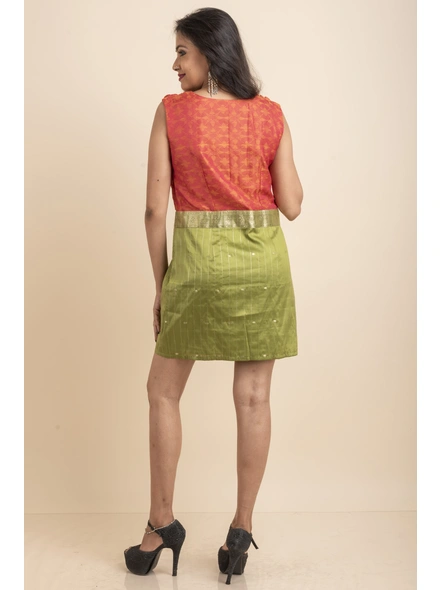 Cowl Neck Orange &amp; Green Saree Dress-32-Cotton-3