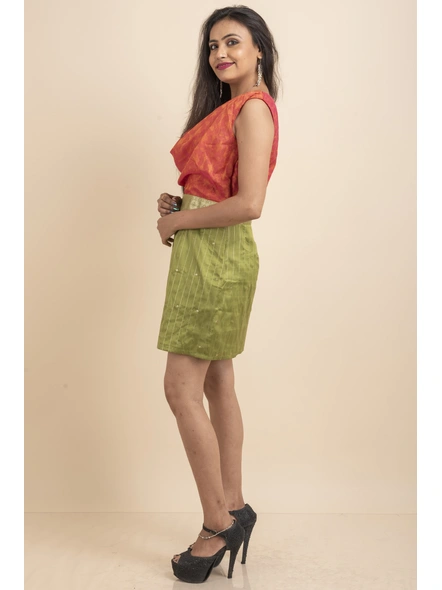 Cowl Neck Orange &amp; Green Saree Dress-32-Cotton-2