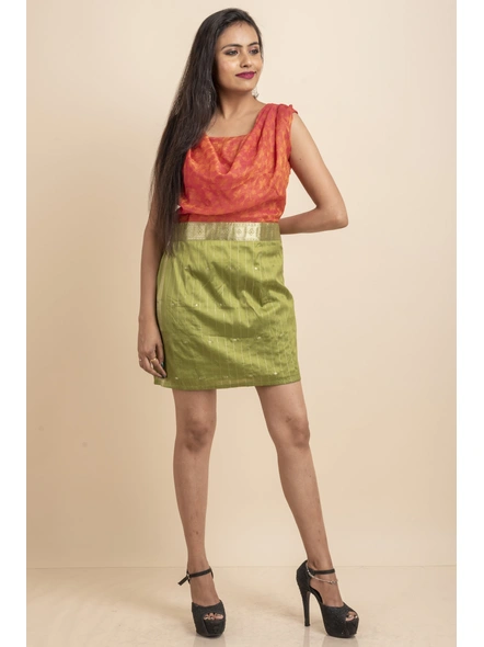 Cowl Neck Orange &amp; Green Saree Dress-32-Cotton-1