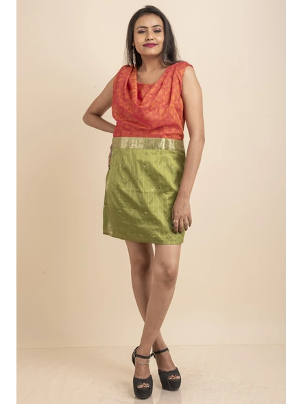 Cowl Neck Orange &amp; Green Saree Dress-LAASGD19