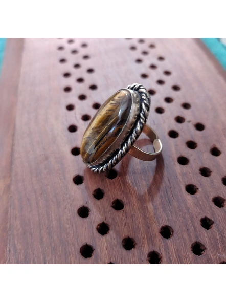 Designer German Silver Oval Finger Ring with Semi Precious Tiger Eye Stone-2
