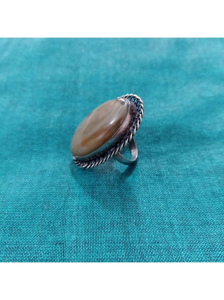 Designer German Silver Oval Finger Ring with Semi Precious Agate Stone-2