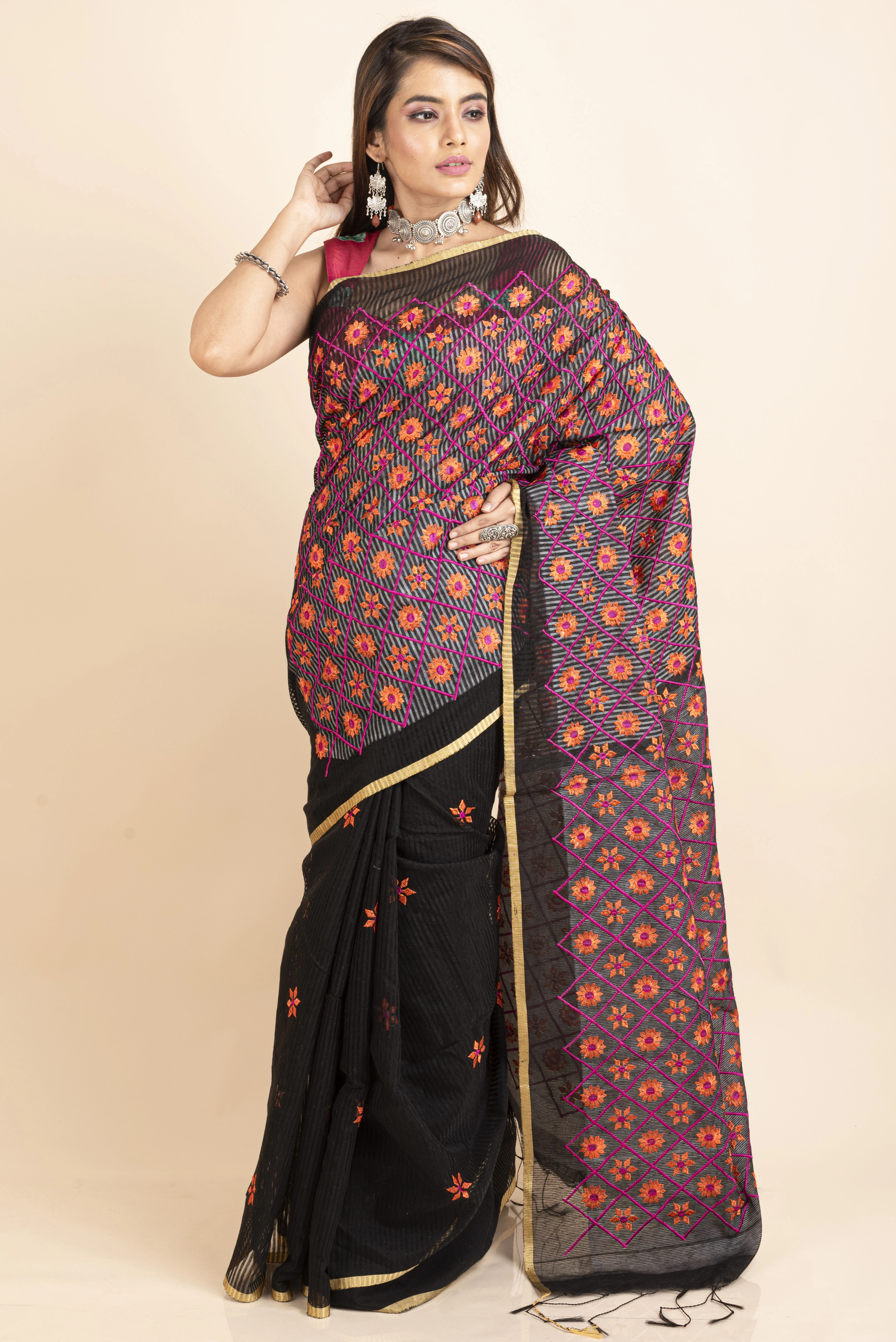 Embroidered Floral Design Black Orange Cotton Silk Saree with Blouse Piece-3