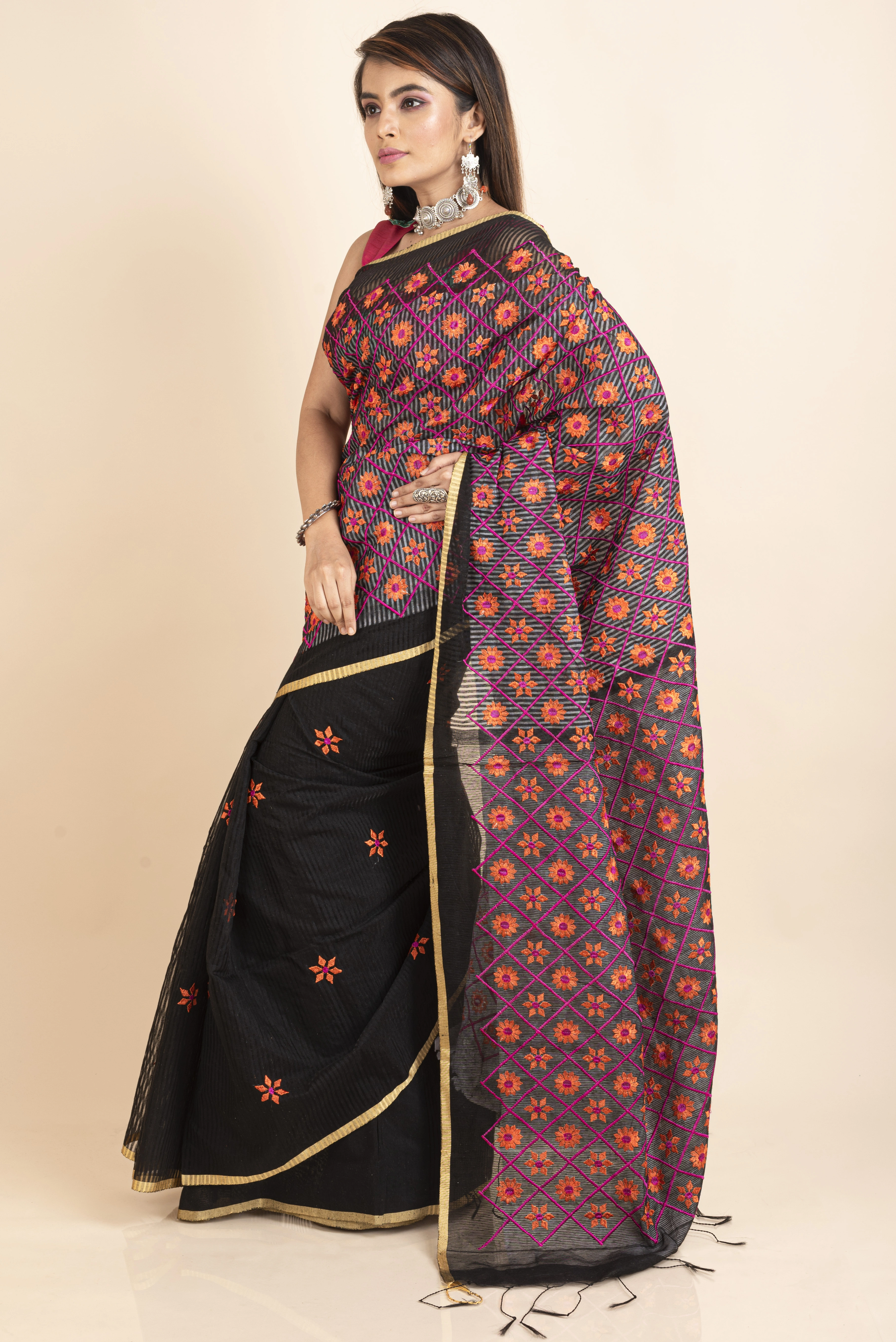 Embroidered Floral Design Black Orange Cotton Silk Saree with Blouse Piece-4