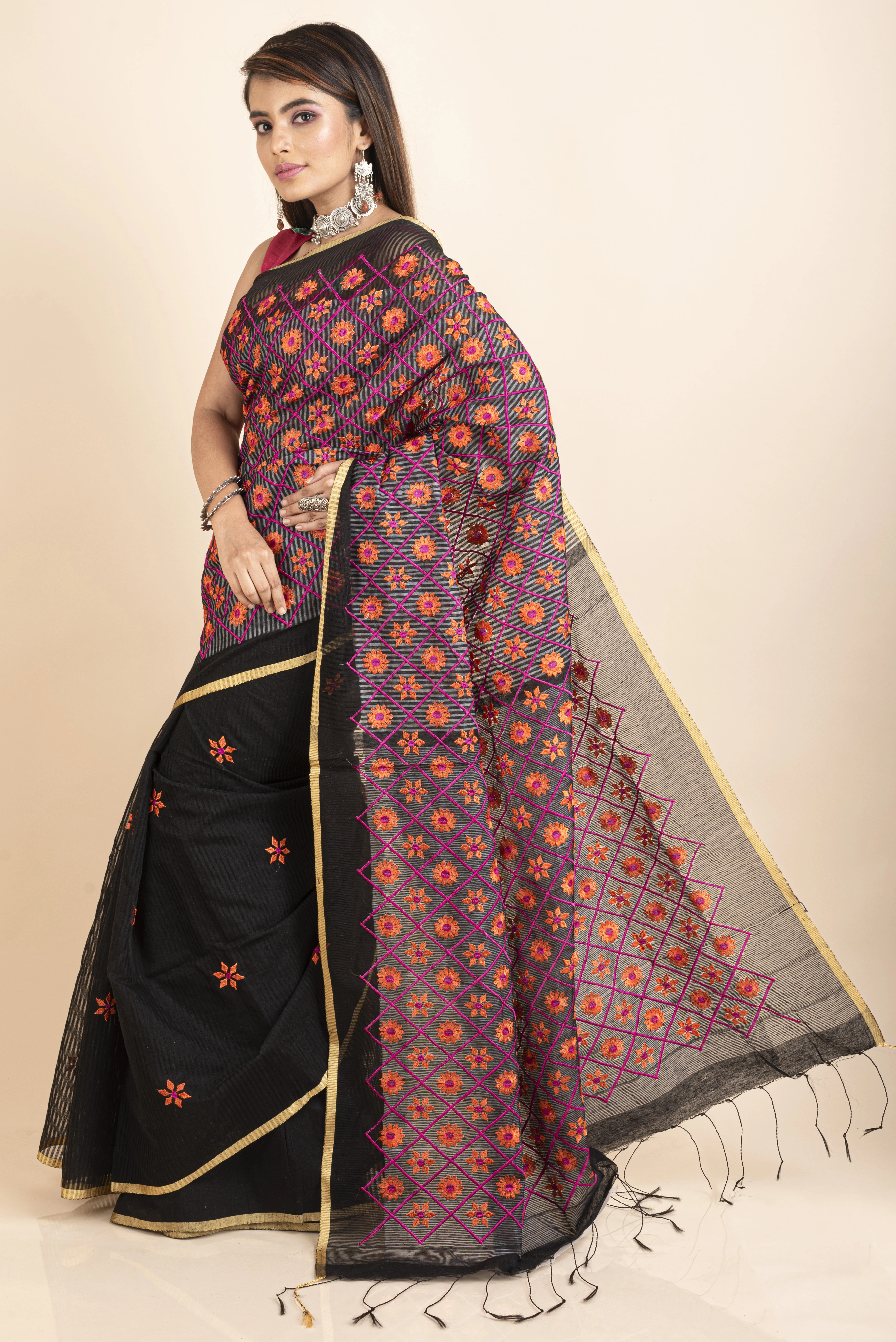 Embroidered Floral Design Black Orange Cotton Silk Saree with Blouse Piece-2