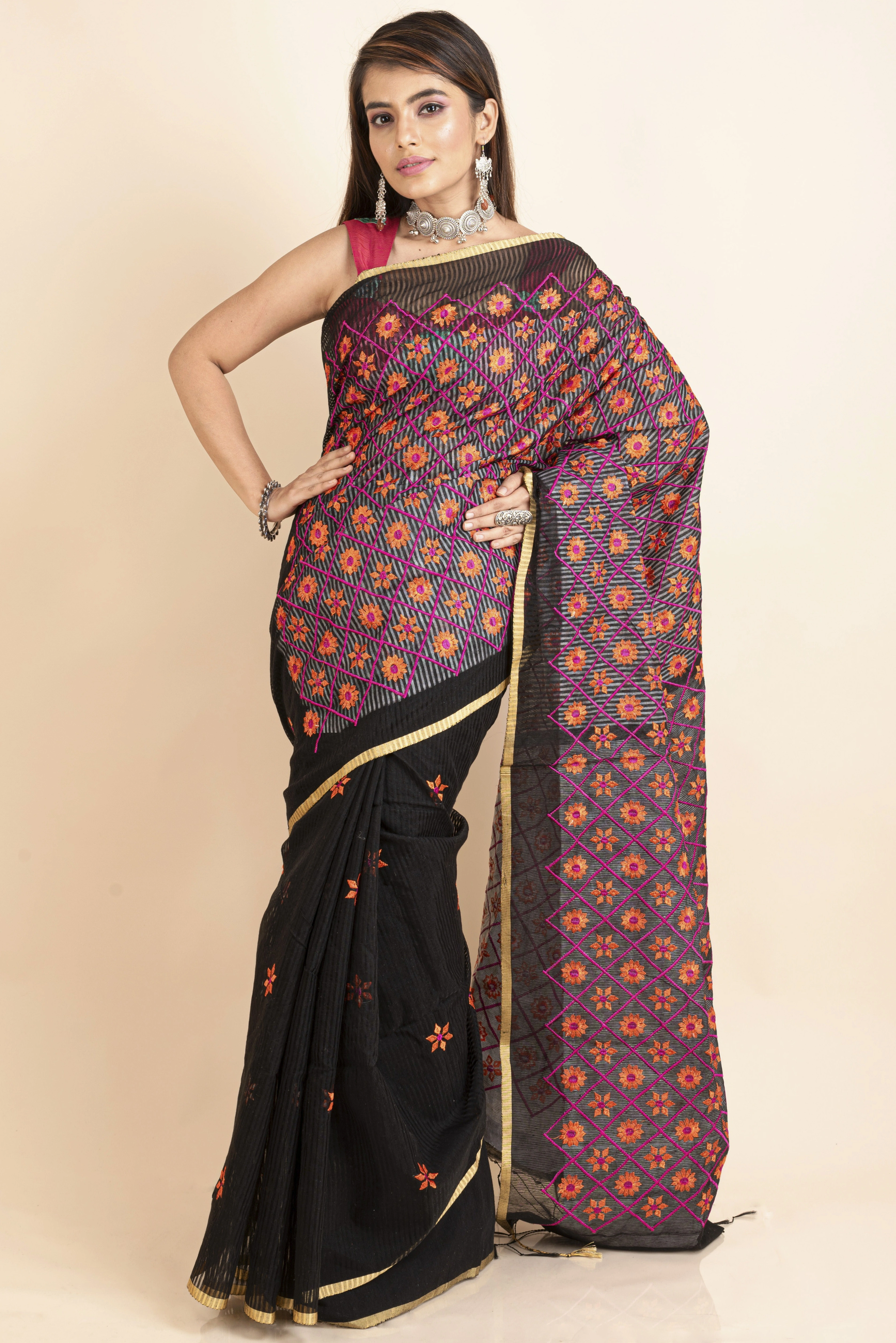 Embroidered Floral Design Black Orange Cotton Silk Saree with Blouse Piece-LAACSHS004