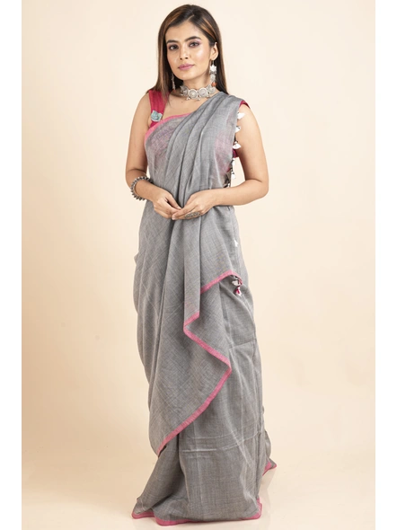 Mercerized Handloom Cotton Grey Pink Saree with Blouse Piece-LAAMHCWBP022