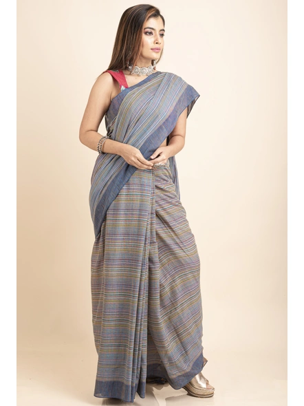Multicolored Stripe Handloom Cotton Saree-Grey-Cotton-One Size-Sari-Female-Adult-4