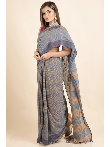 Multicolored Stripe Handloom Cotton Saree-Grey-Cotton-One Size-Sari-Female-Adult-2