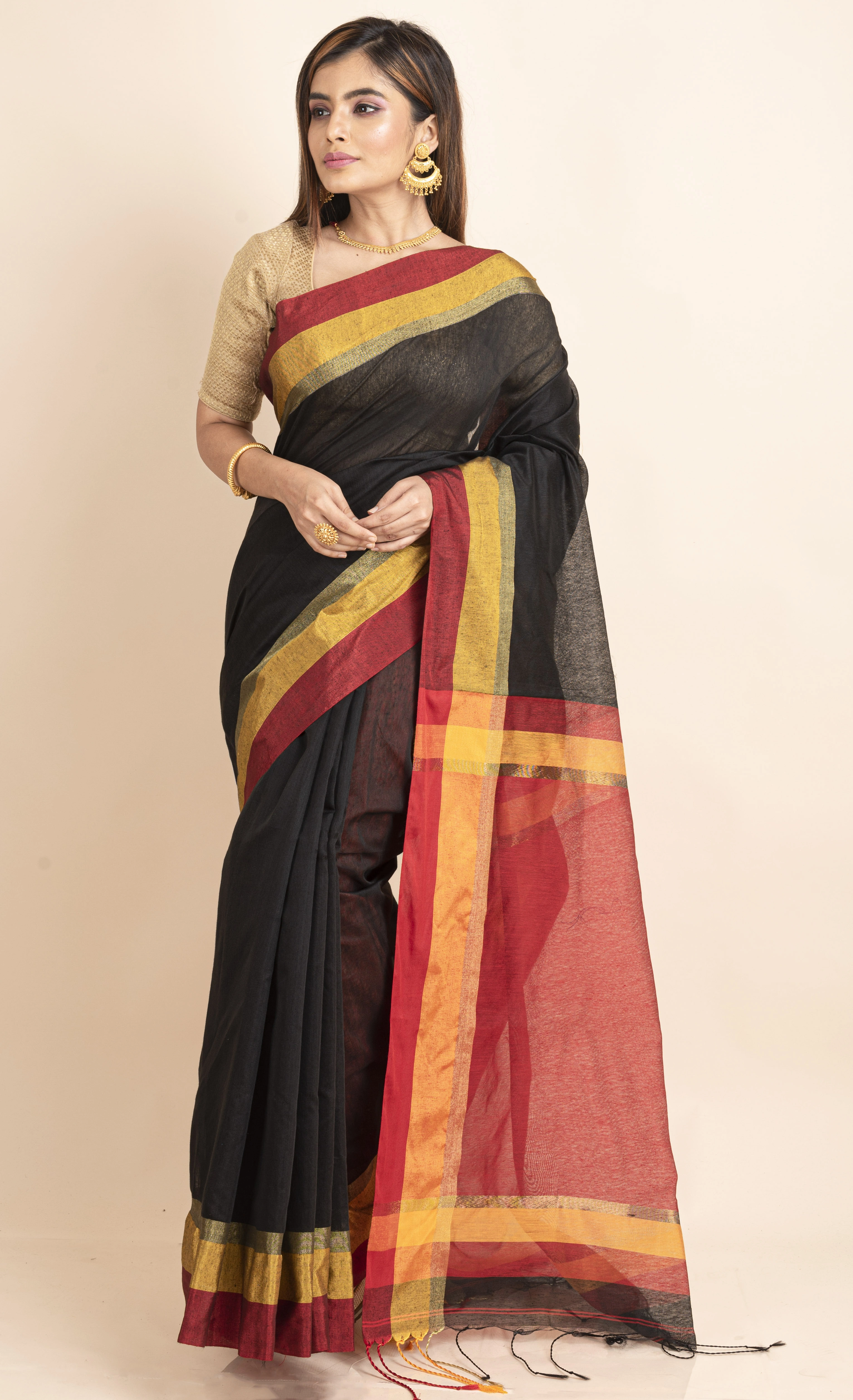 Black Cotton Handloom  with Red Pallu Saree-LAACHS016