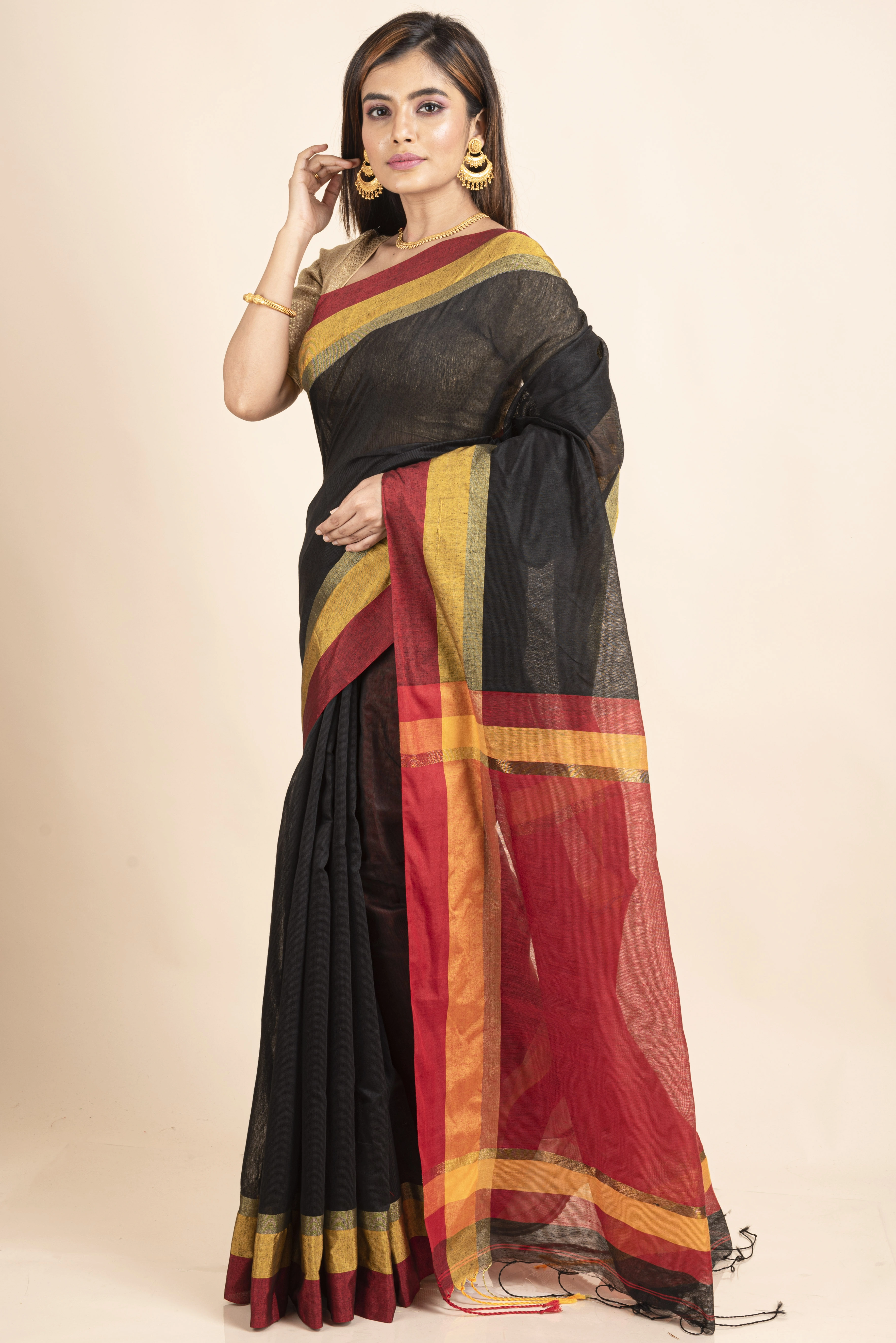 Black Cotton Handloom  with Red Pallu Saree-Black-Cotton-One Size-Saree-Female-Adult-4