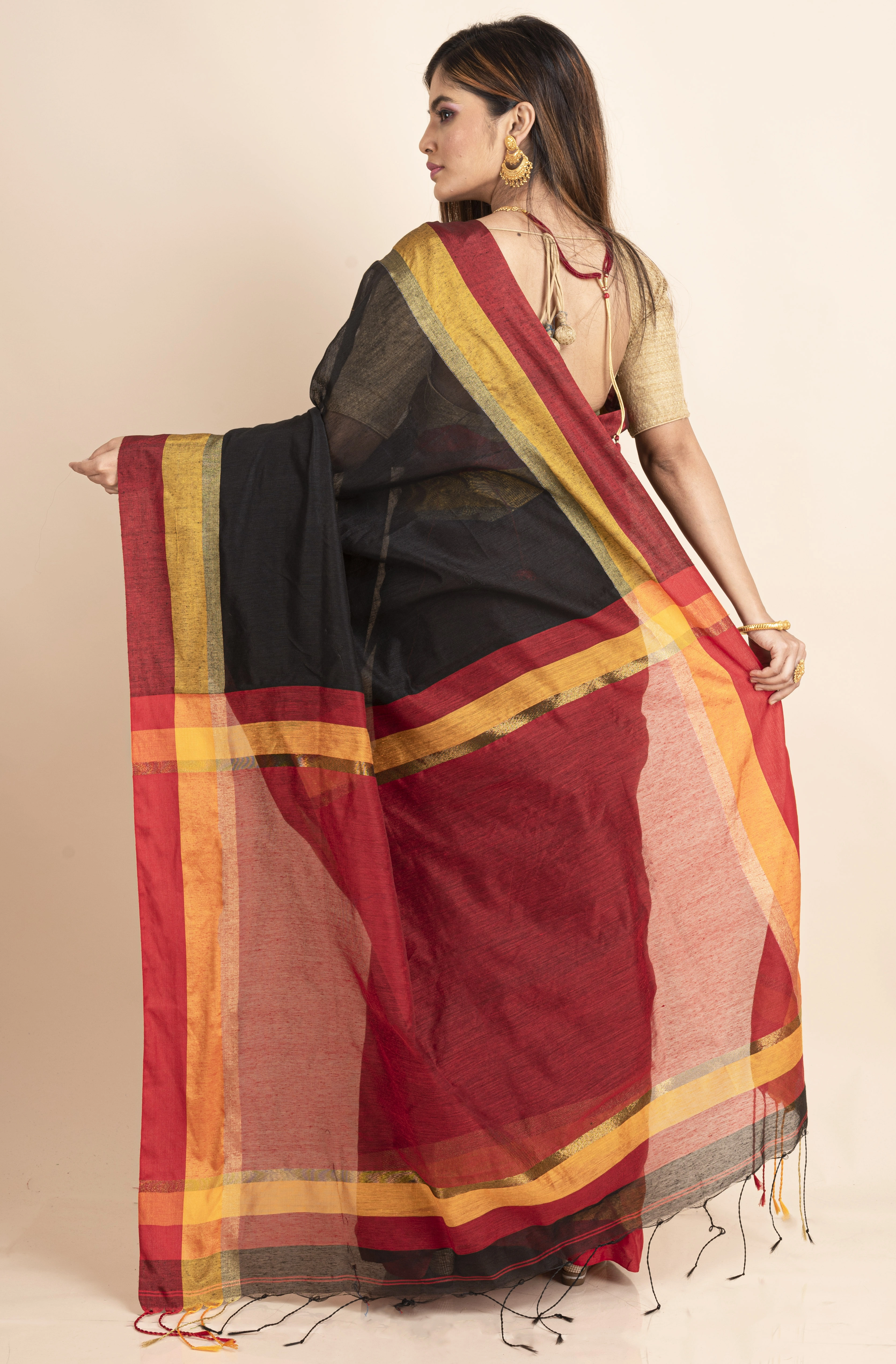 Black Cotton Handloom  with Red Pallu Saree-Black-Cotton-One Size-Saree-Female-Adult-1