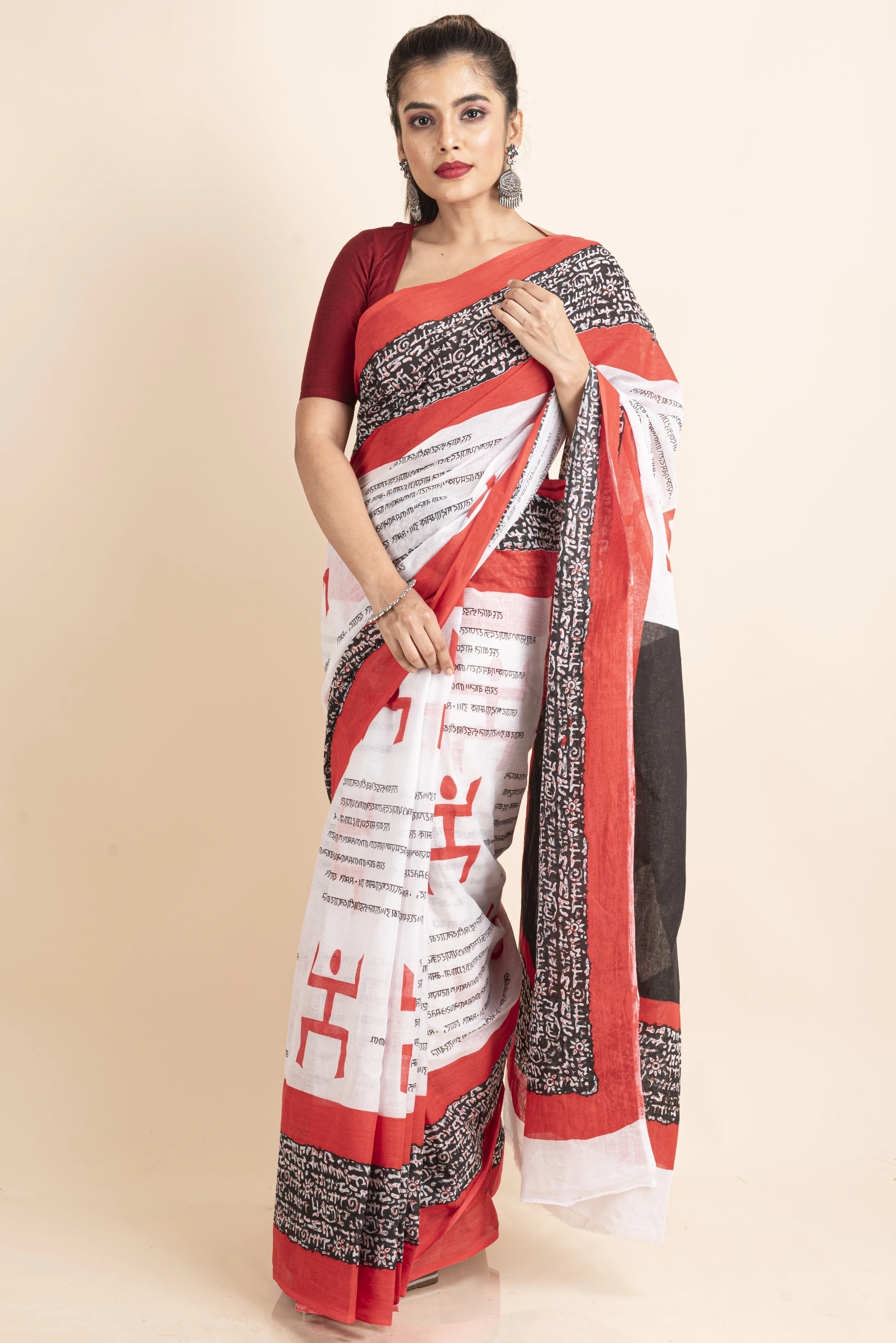 Mulmul Cotton White Red Black Swastik Scripted Saree-LAAMMC011