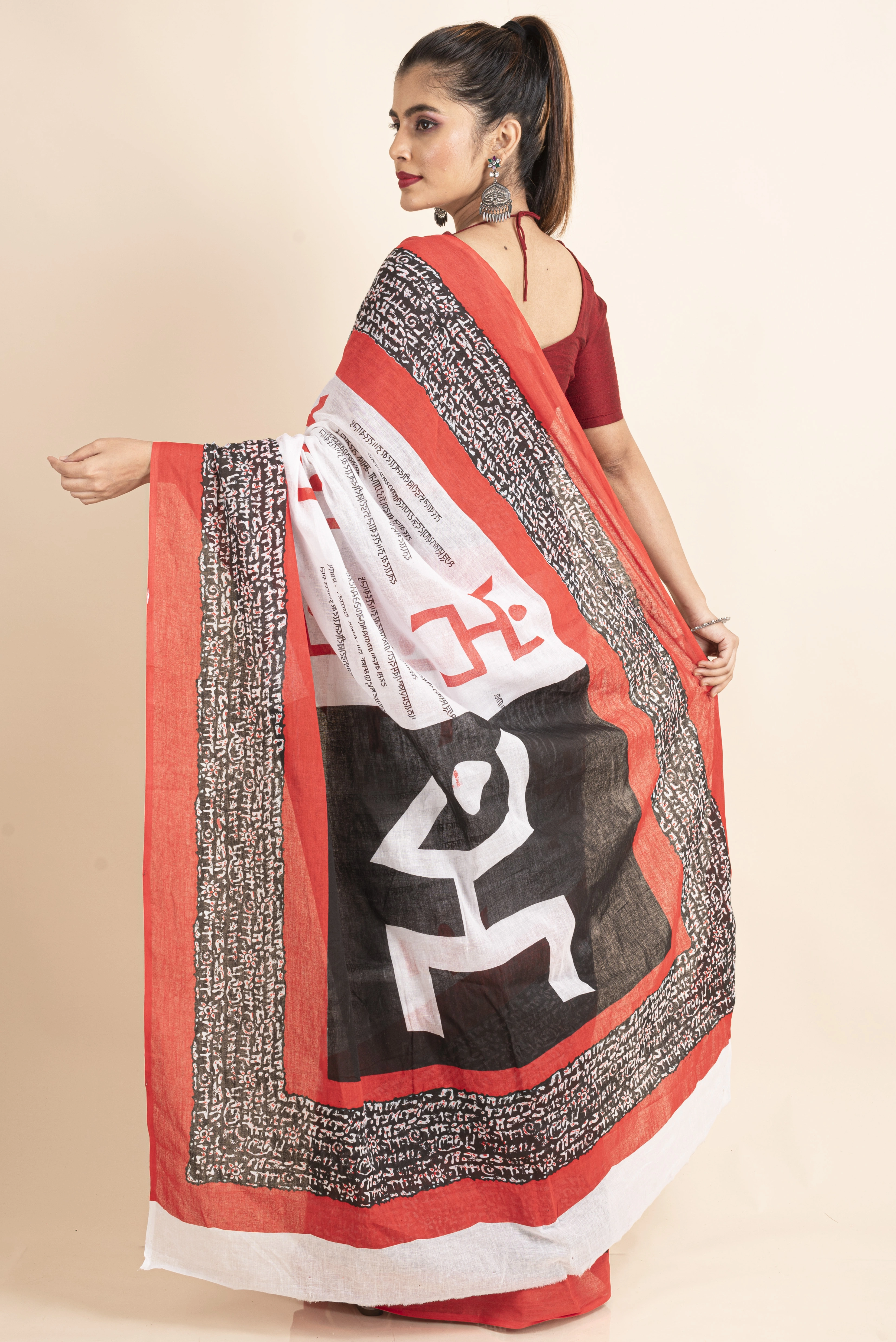 Mulmul Cotton White Red Black Swastik Scripted Saree-White-Cotton-One Size-Printed-Female-Adult-1