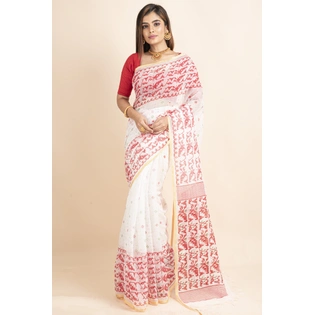 White Red Jamdani Printed Golden Border Saree