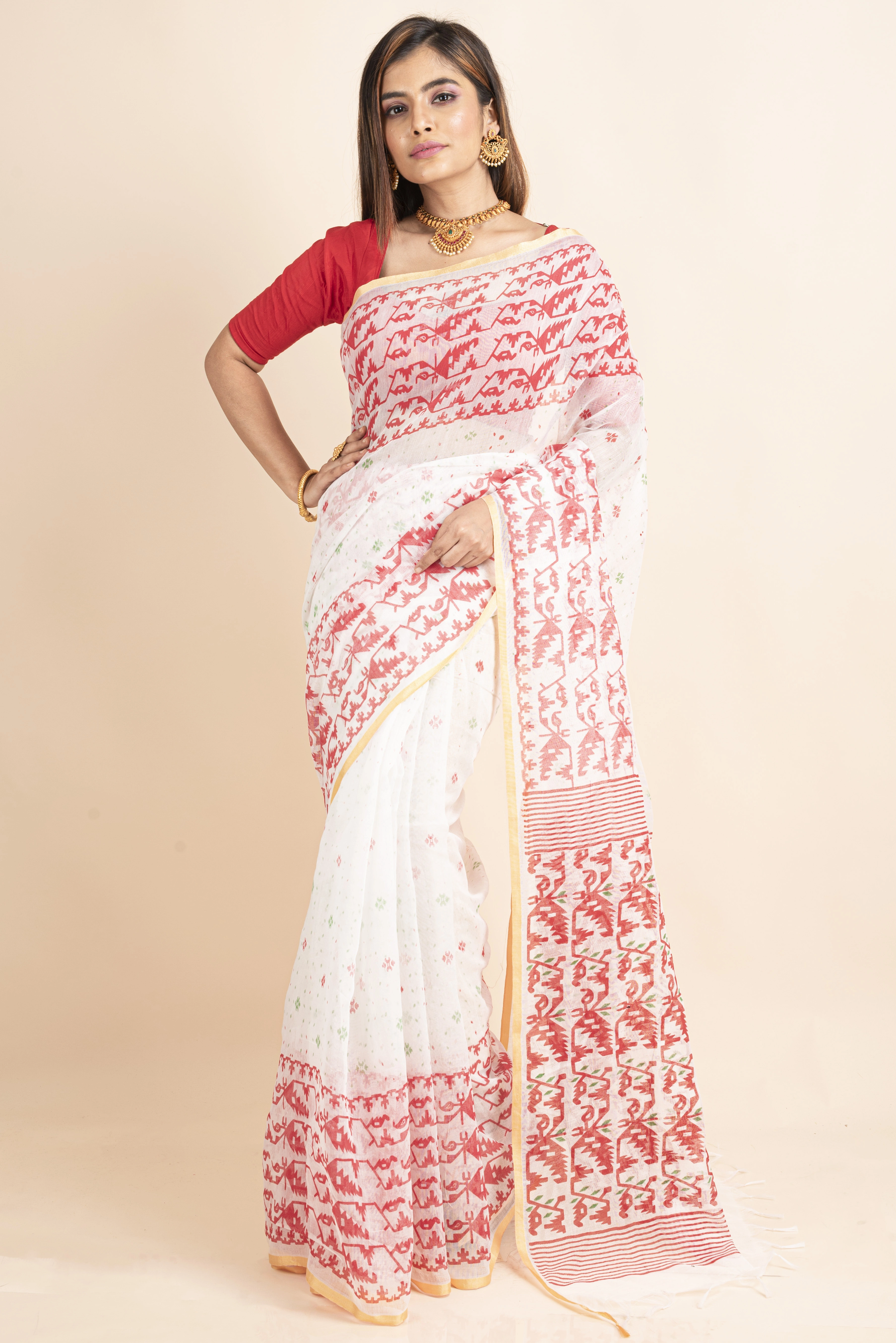 White Red Jamdani Printed Golden Border Saree-5