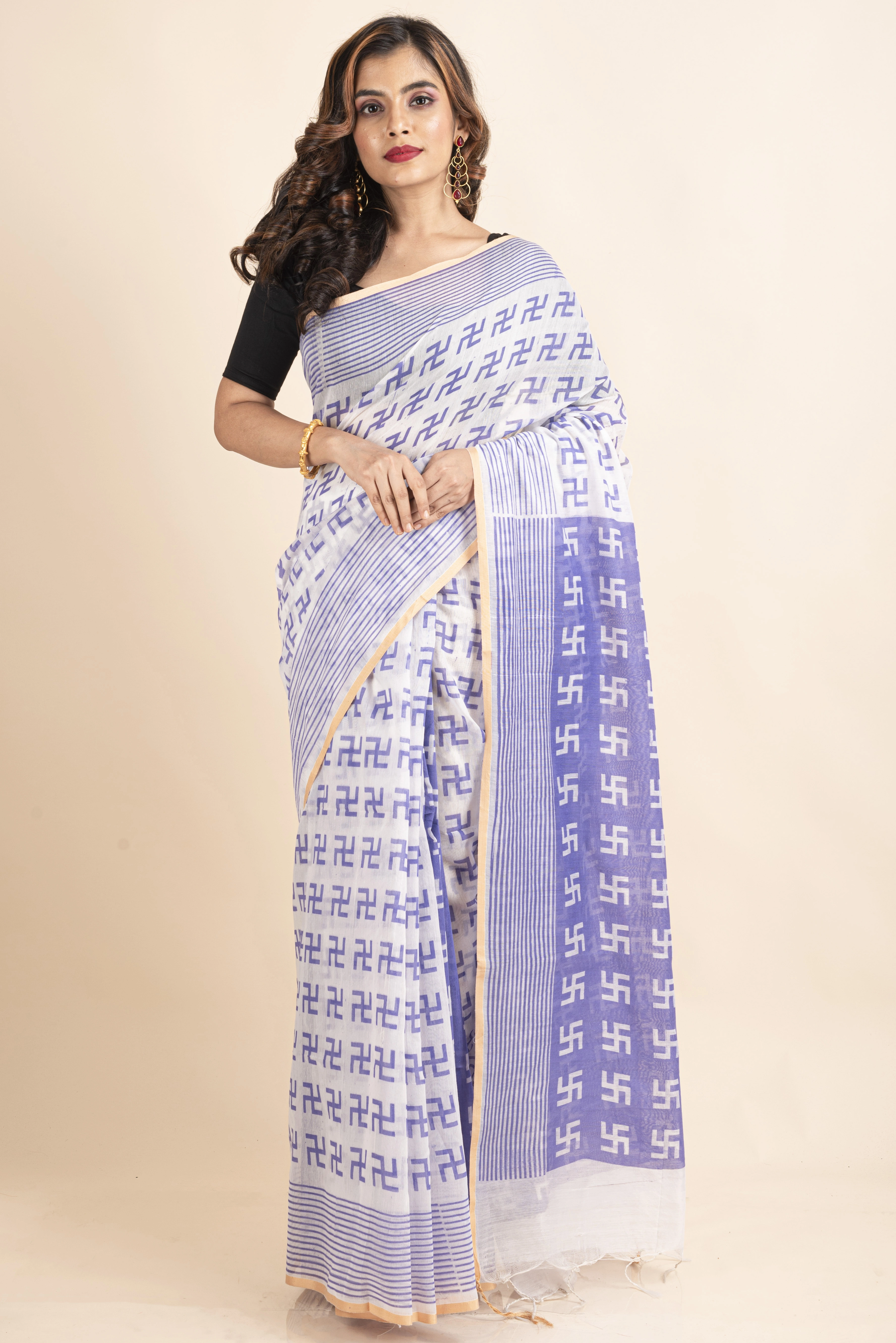 White Purple Swastik Printed Golden Border Saree-LAAPCS030