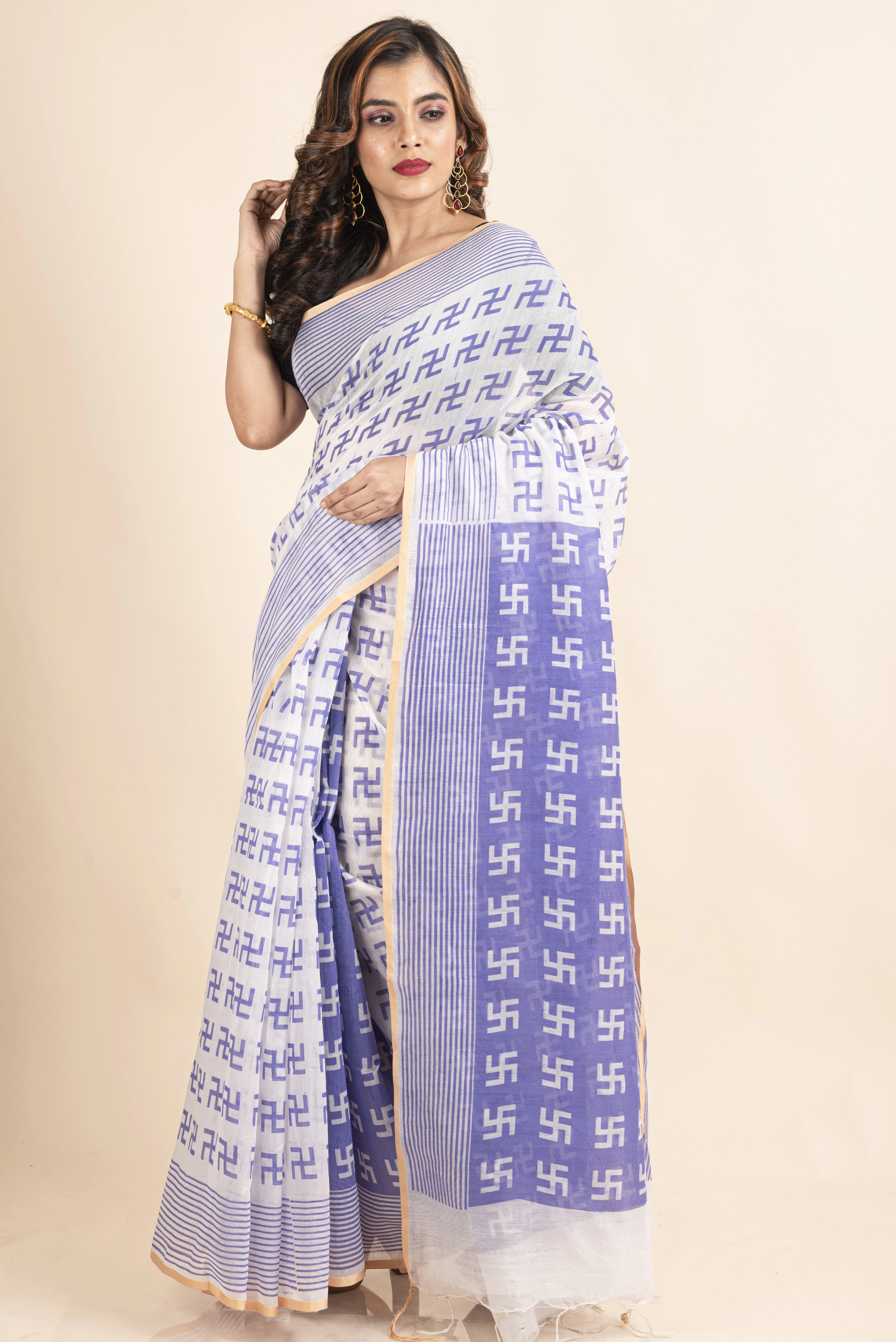 White Purple Swastik Printed Golden Border Saree-2