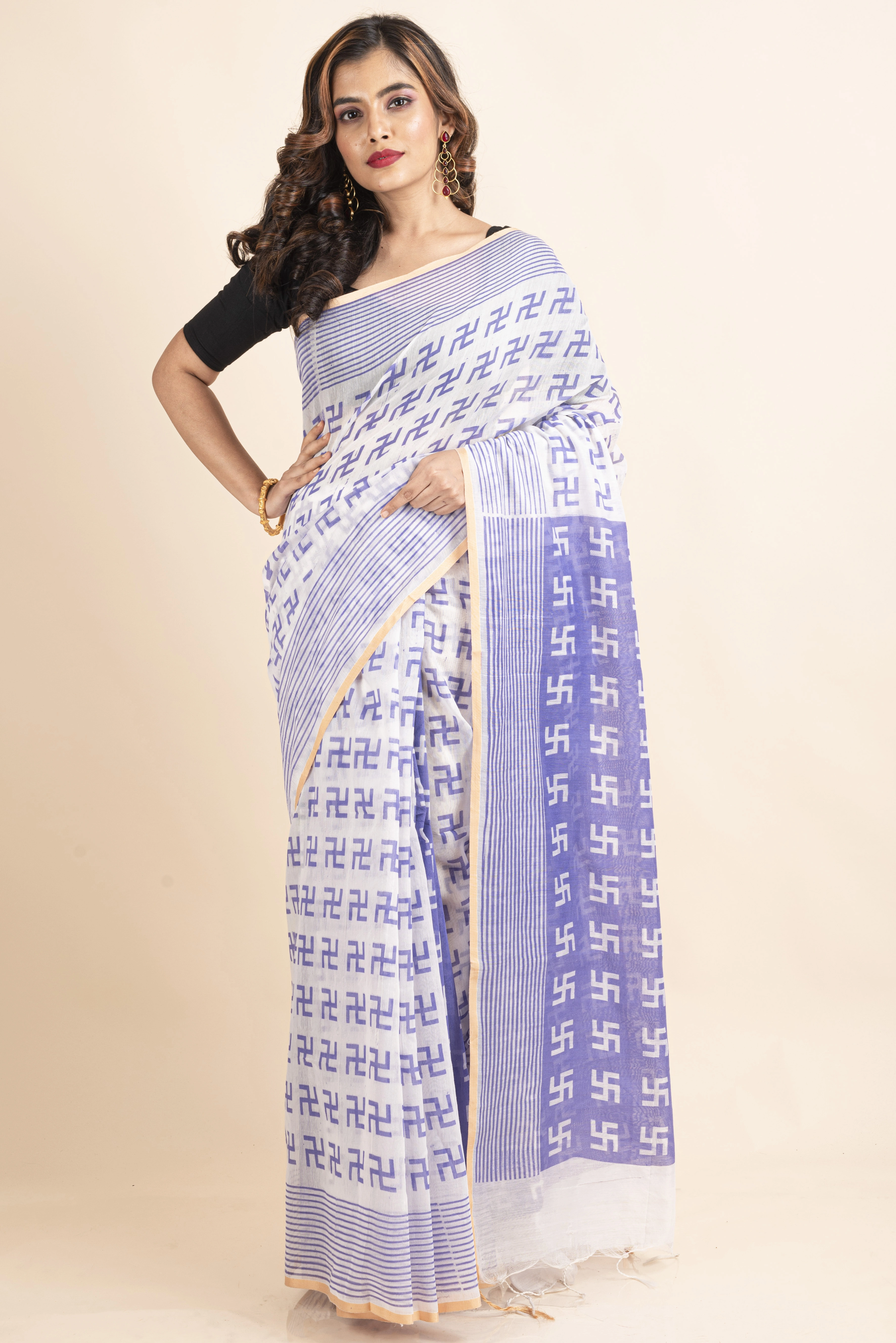 White Purple Swastik Printed Golden Border Saree-4