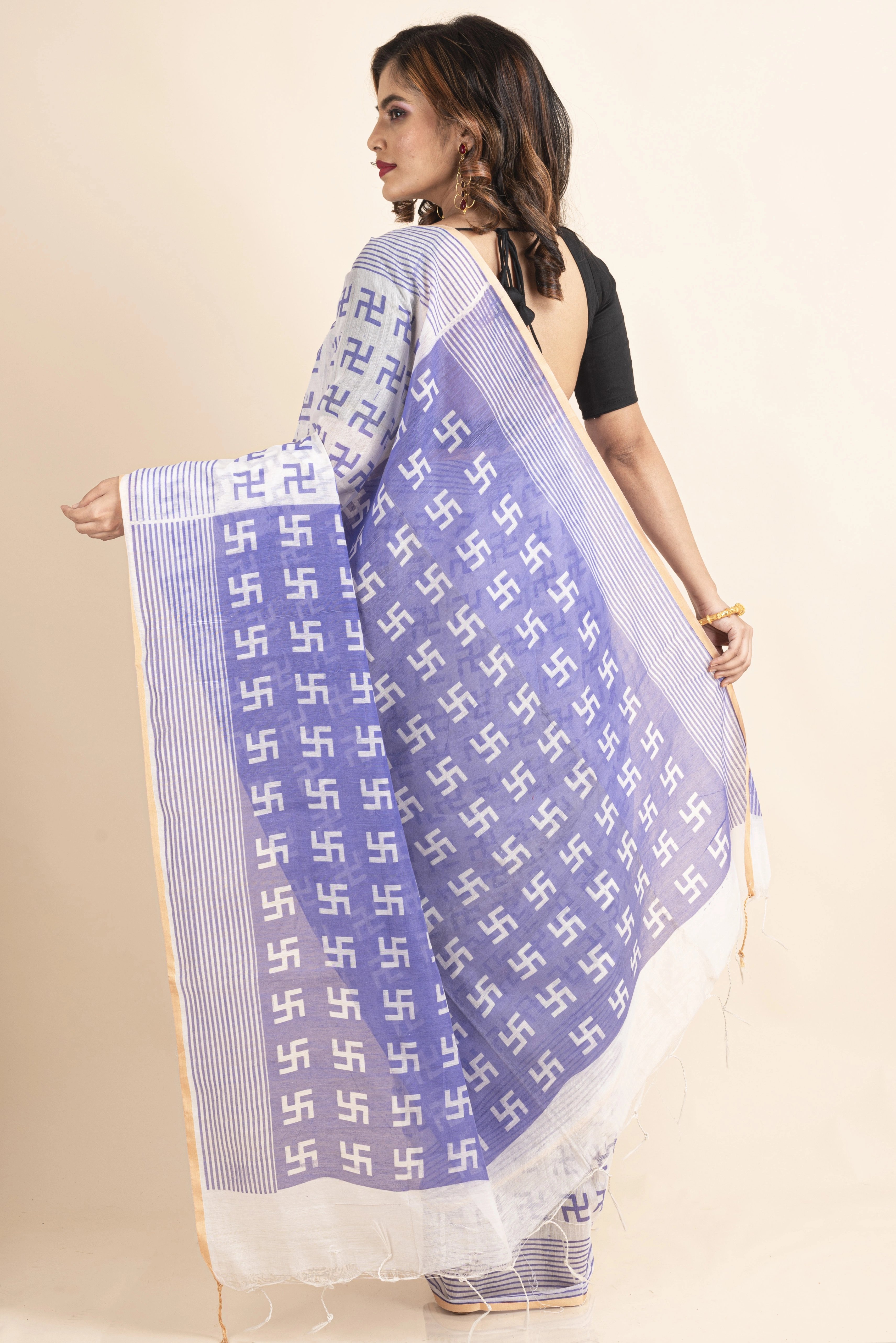 White Purple Swastik Printed Golden Border Saree-1