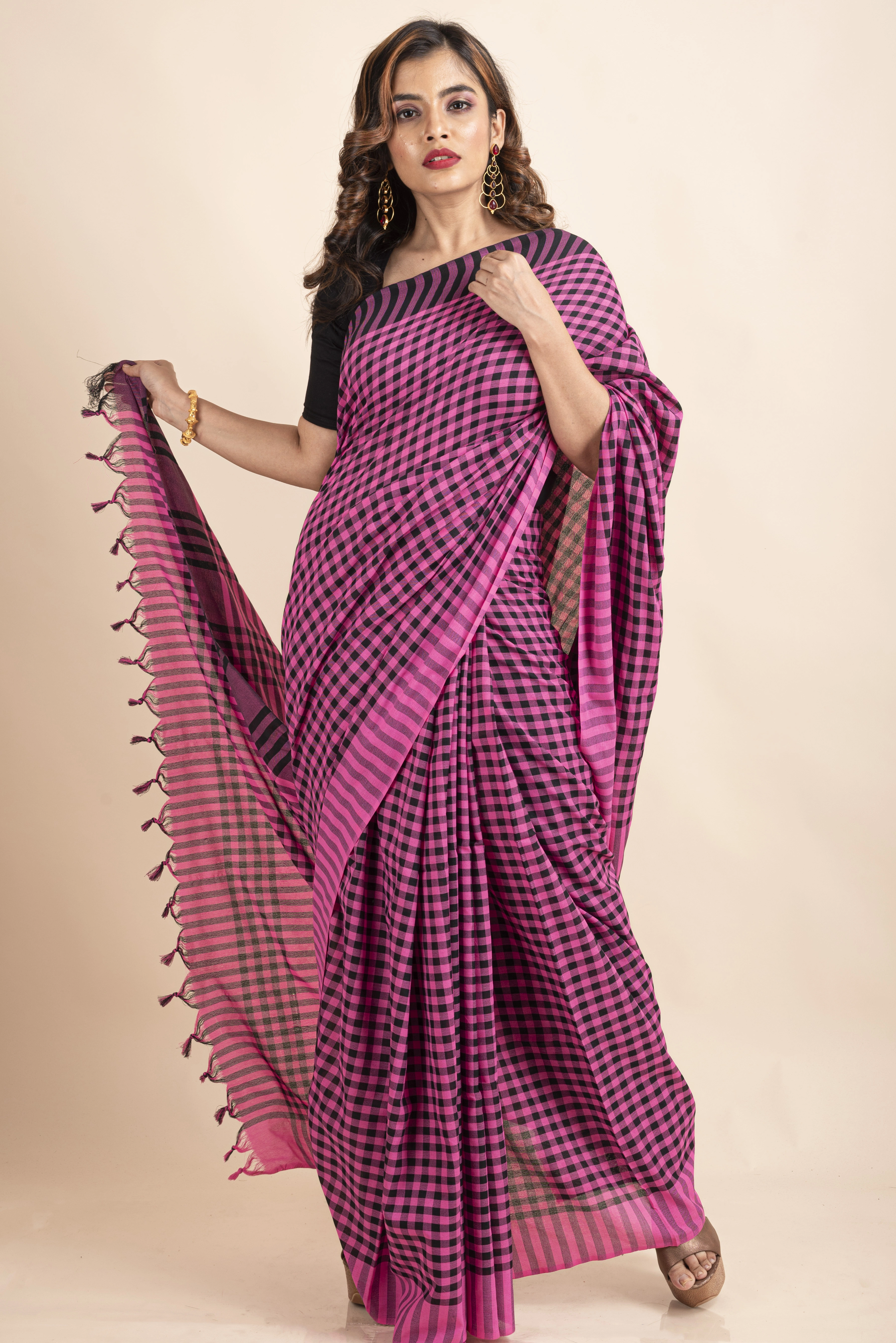 Pink Black Cotton Checkered Gamcha Saree-LAACHS017