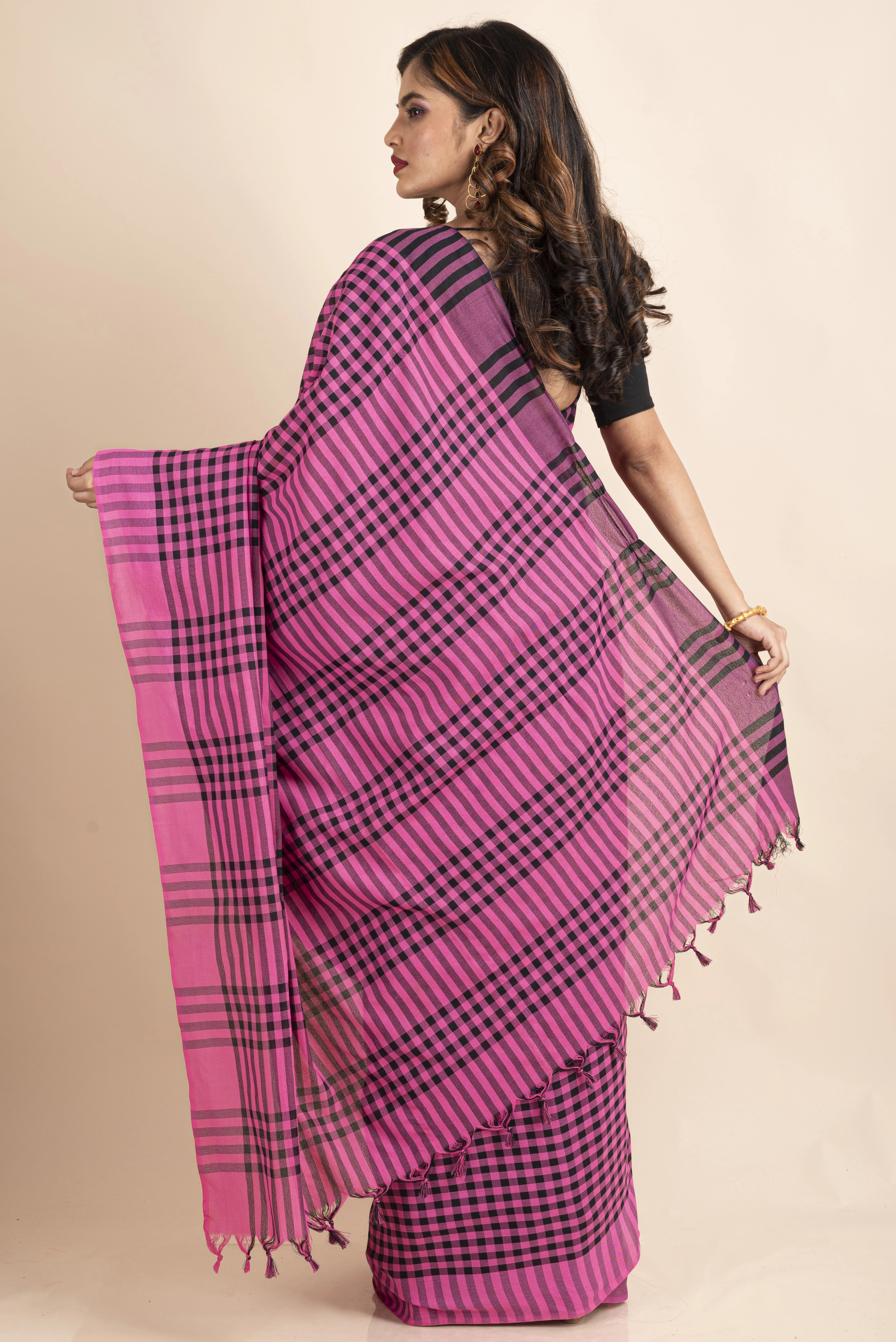 Pink Black Cotton Checkered Gamcha Saree-Pink-Cotton-Free-Female-Adult-1