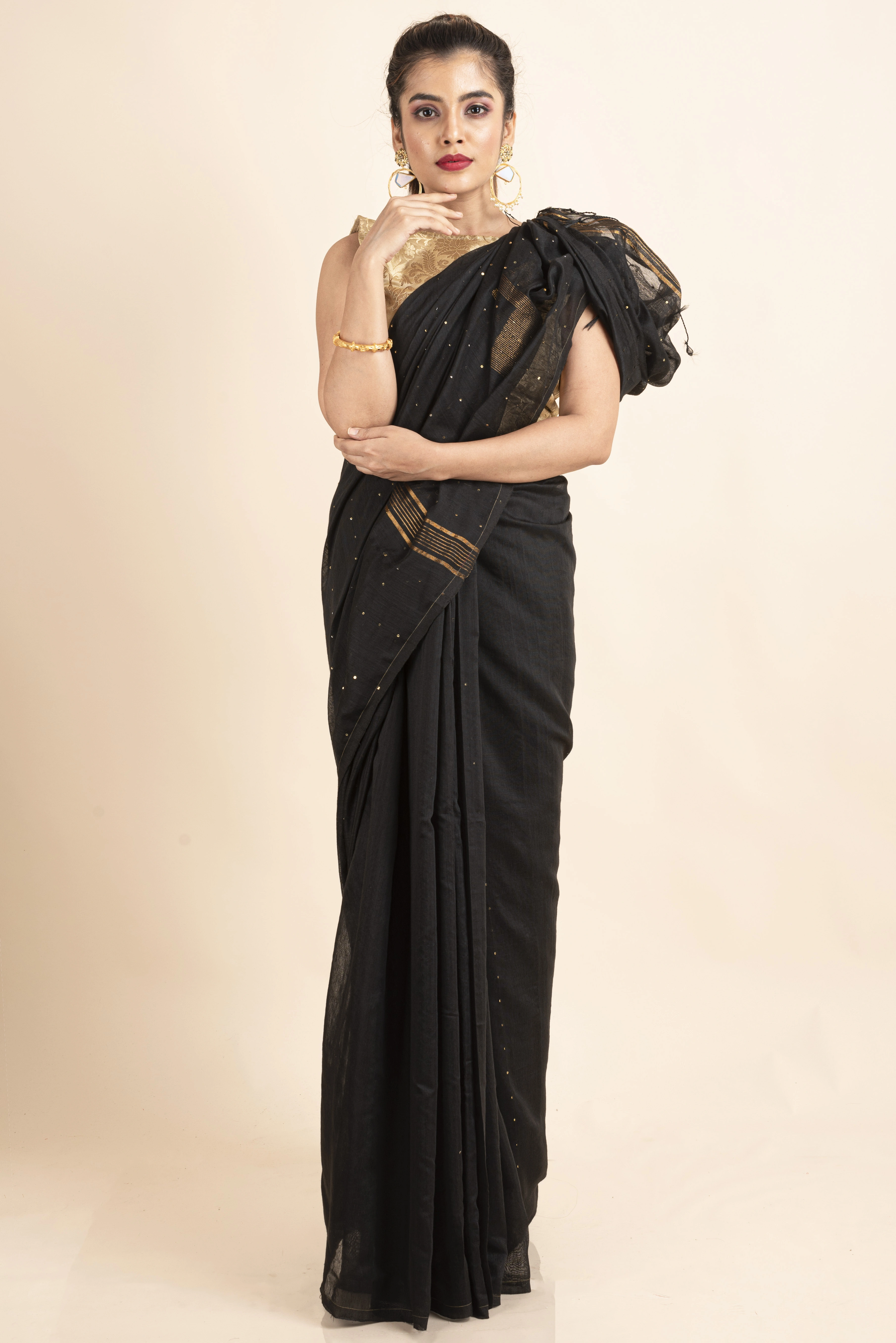 Black Sequin Box Cotton Silk Handloom Saree with Blouse piece-LAACSHS016