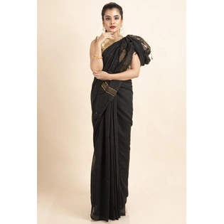 Black Sequin Box Cotton Silk Handloom Saree with Blouse piece
