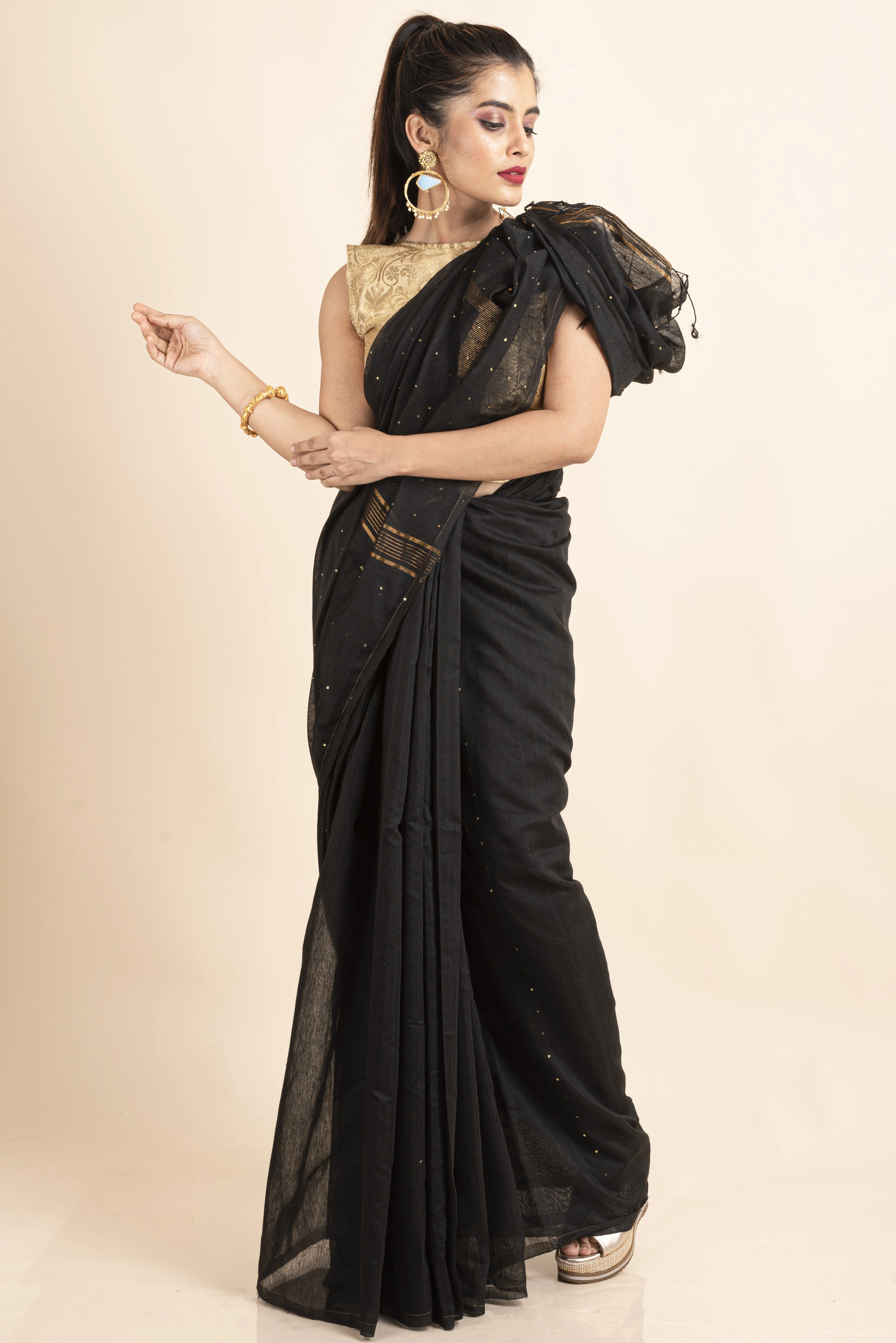 Black Sequin Box Cotton Silk Handloom Saree with Blouse piece-3