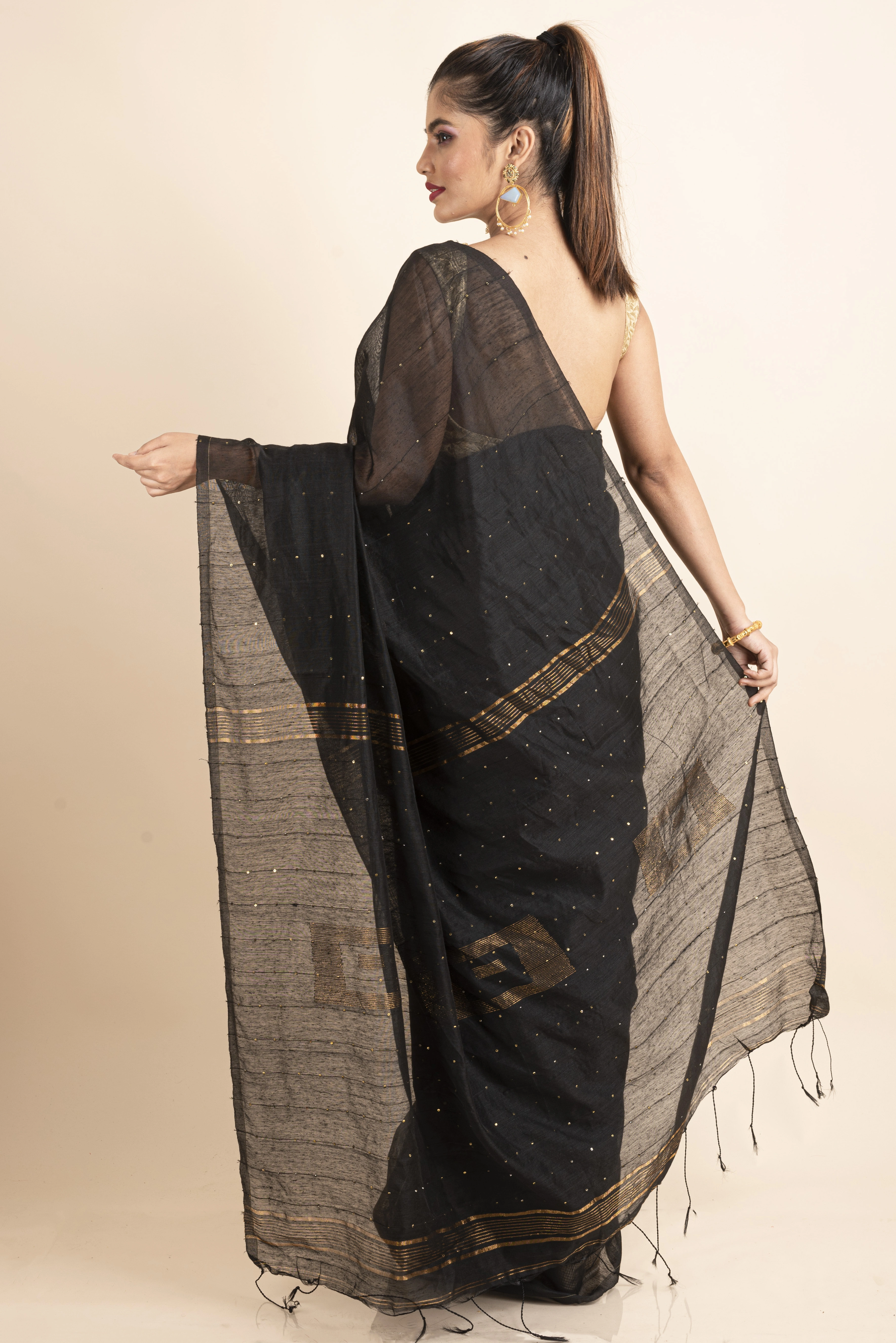 Black Sequin Box Cotton Silk Handloom Saree with Blouse piece-1