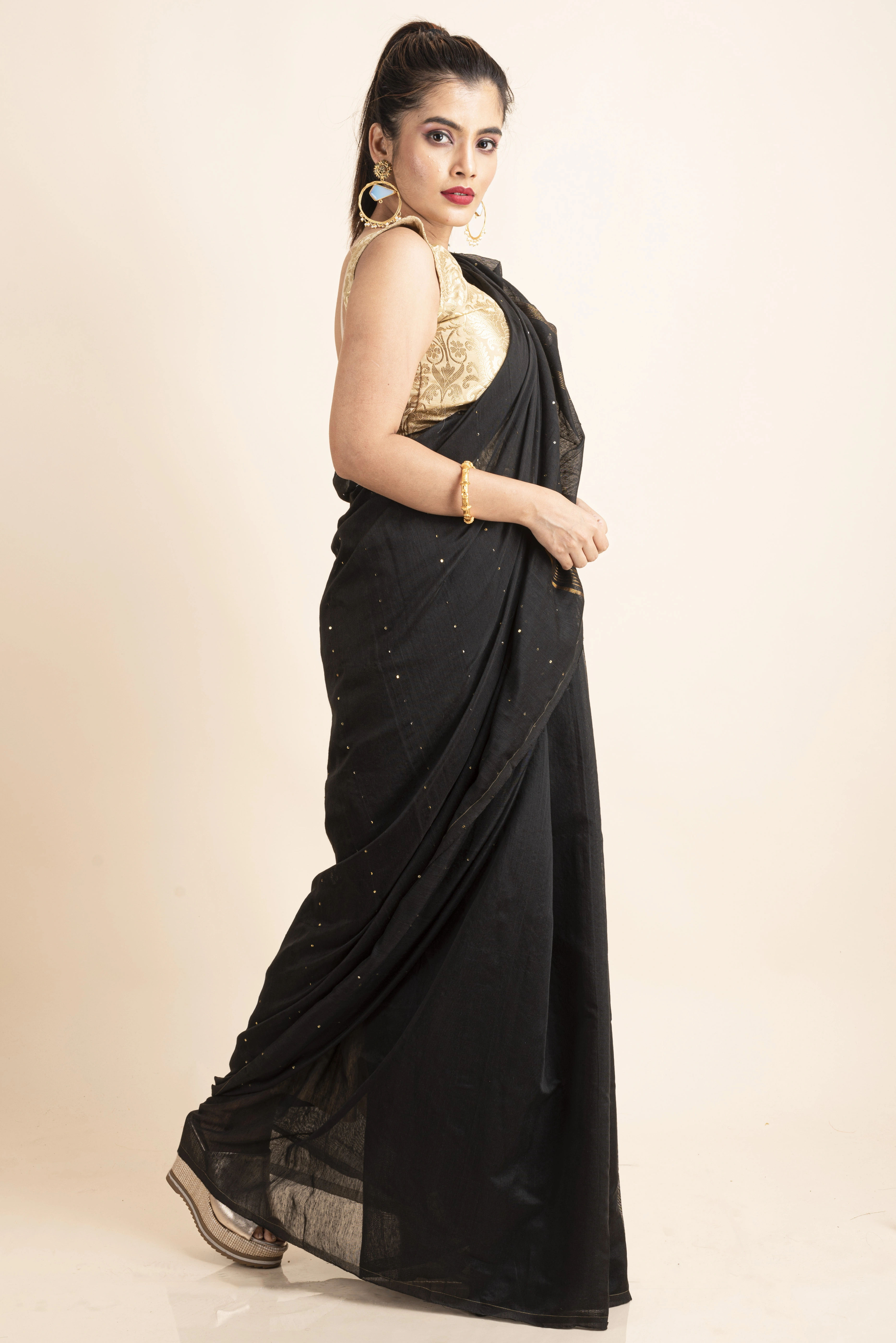 Black Sequin Box Cotton Silk Handloom Saree with Blouse piece-4