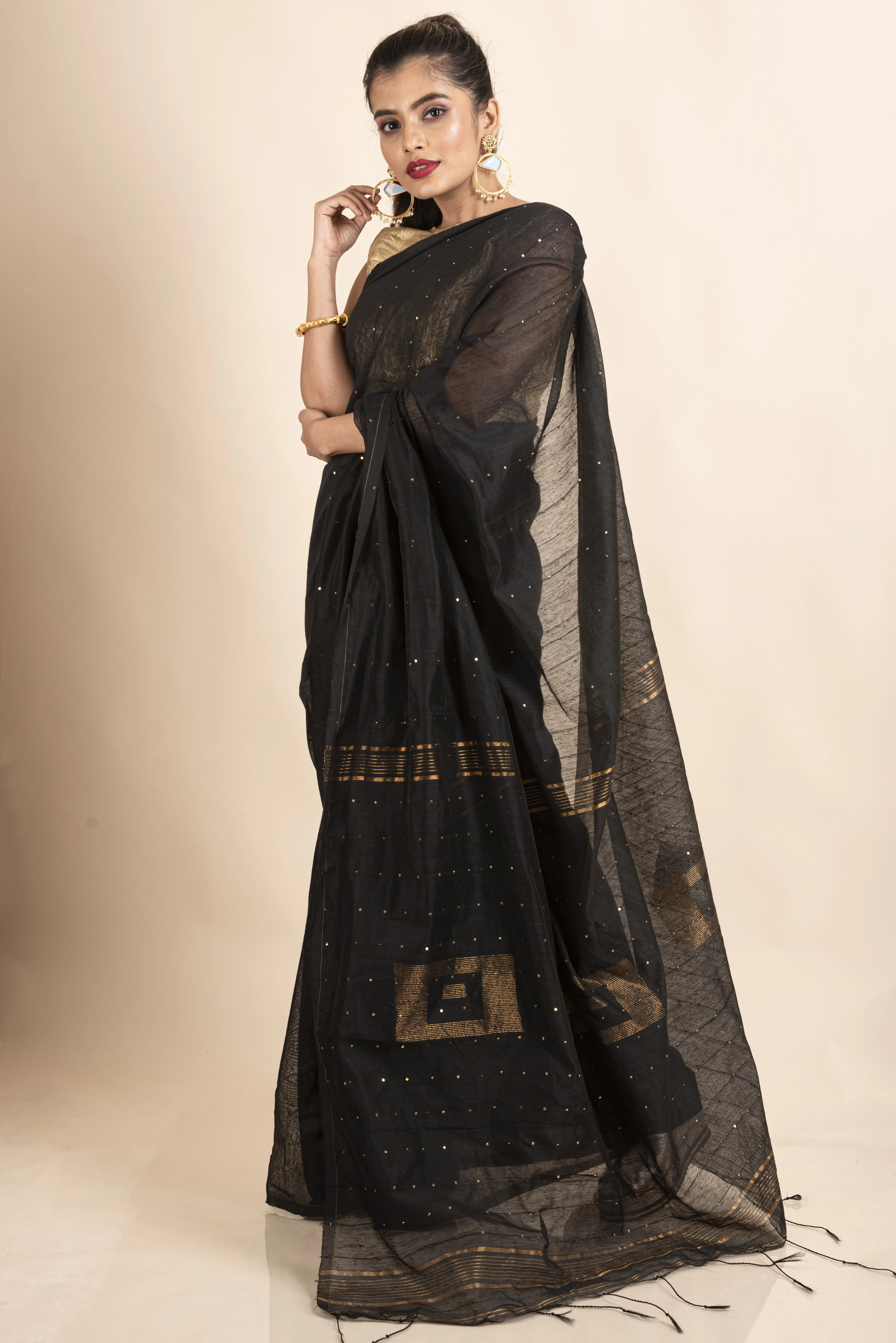 Black Sequin Box Cotton Silk Handloom Saree with Blouse piece-2