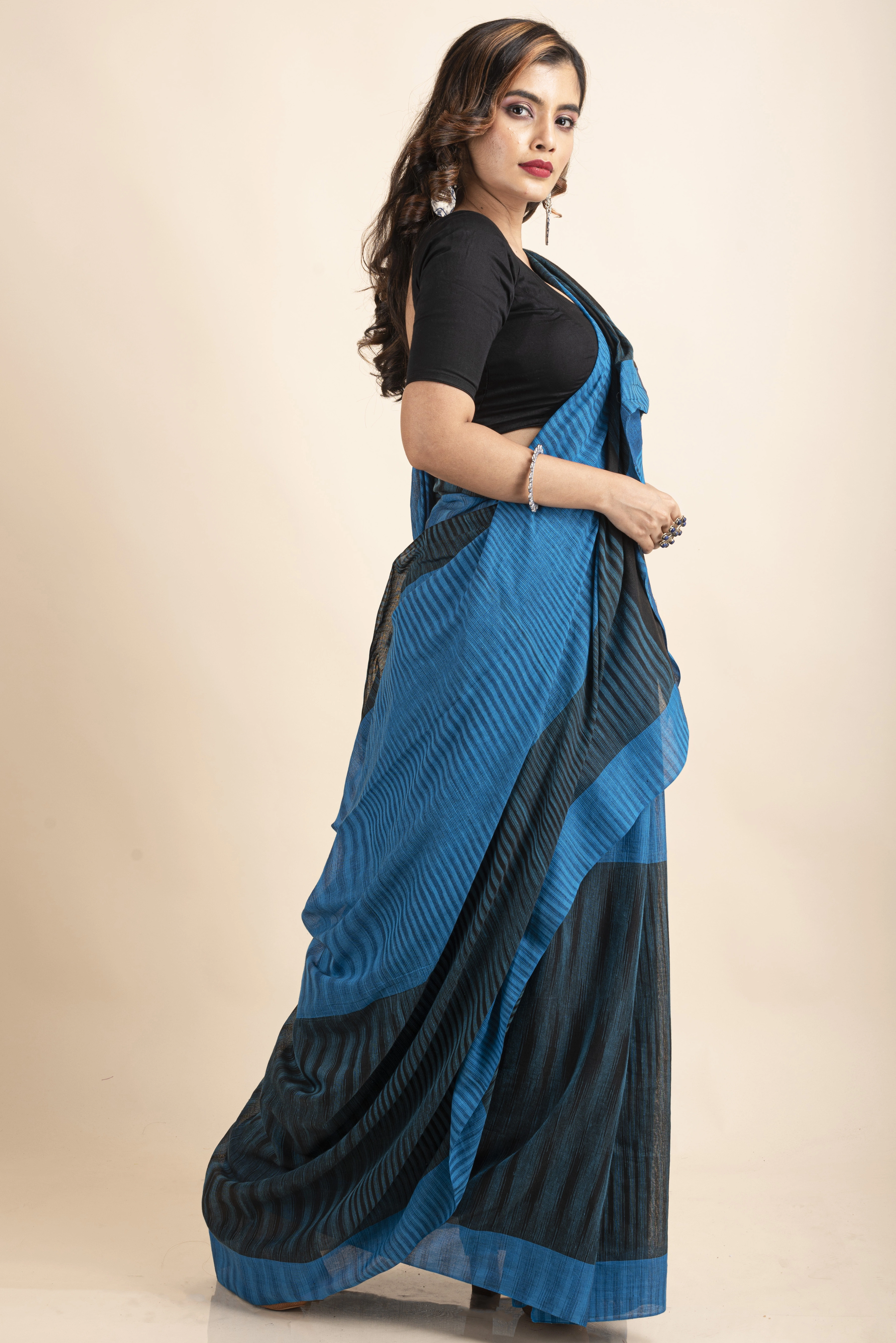 Pure Cotton Blue Black Santipuri Pompom Jharna Saree-Blue-Cotton-One Size-Sari-Female-Adult-4