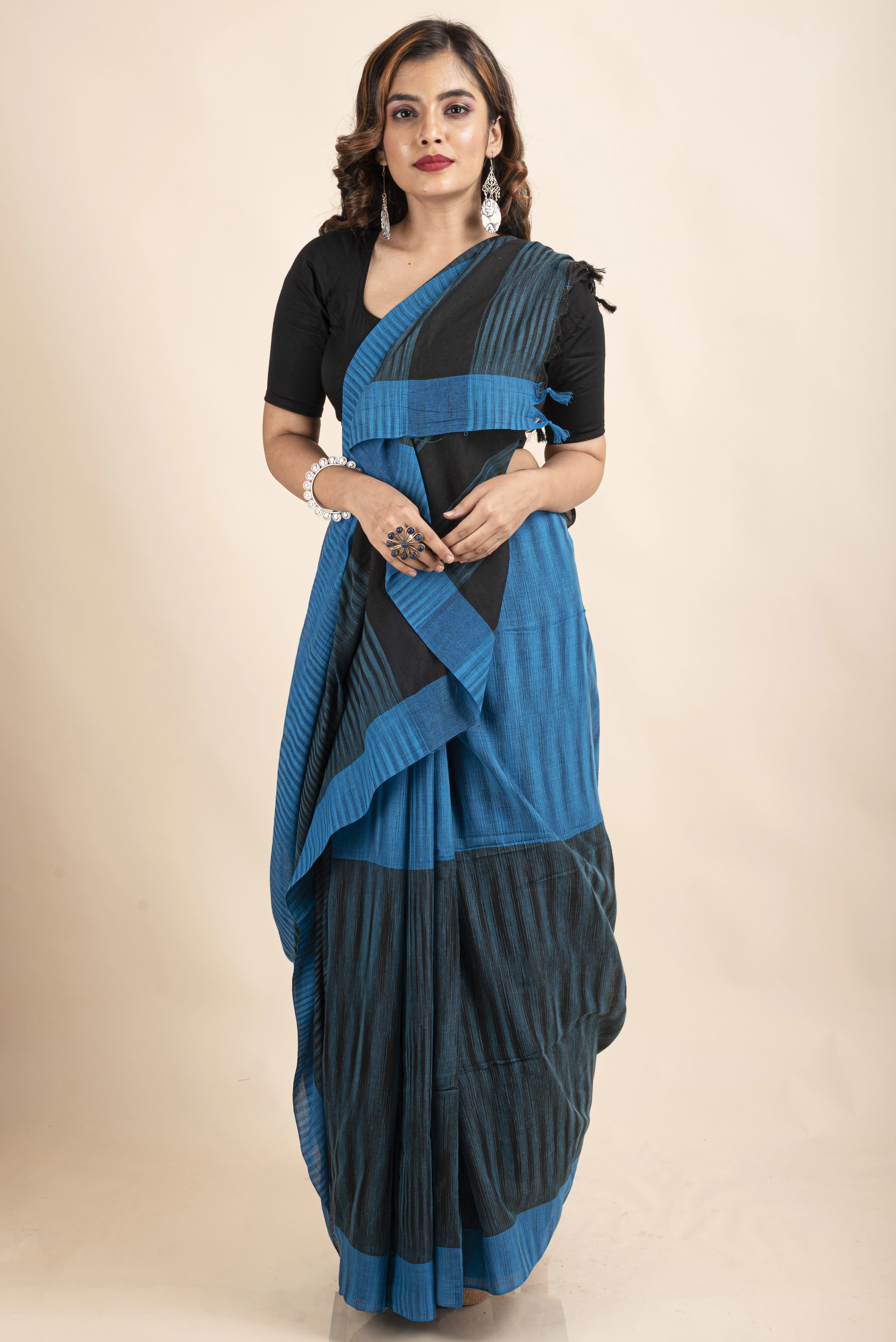 Pure Cotton Blue Black Santipuri Pompom Jharna Saree-LAAJKCS003