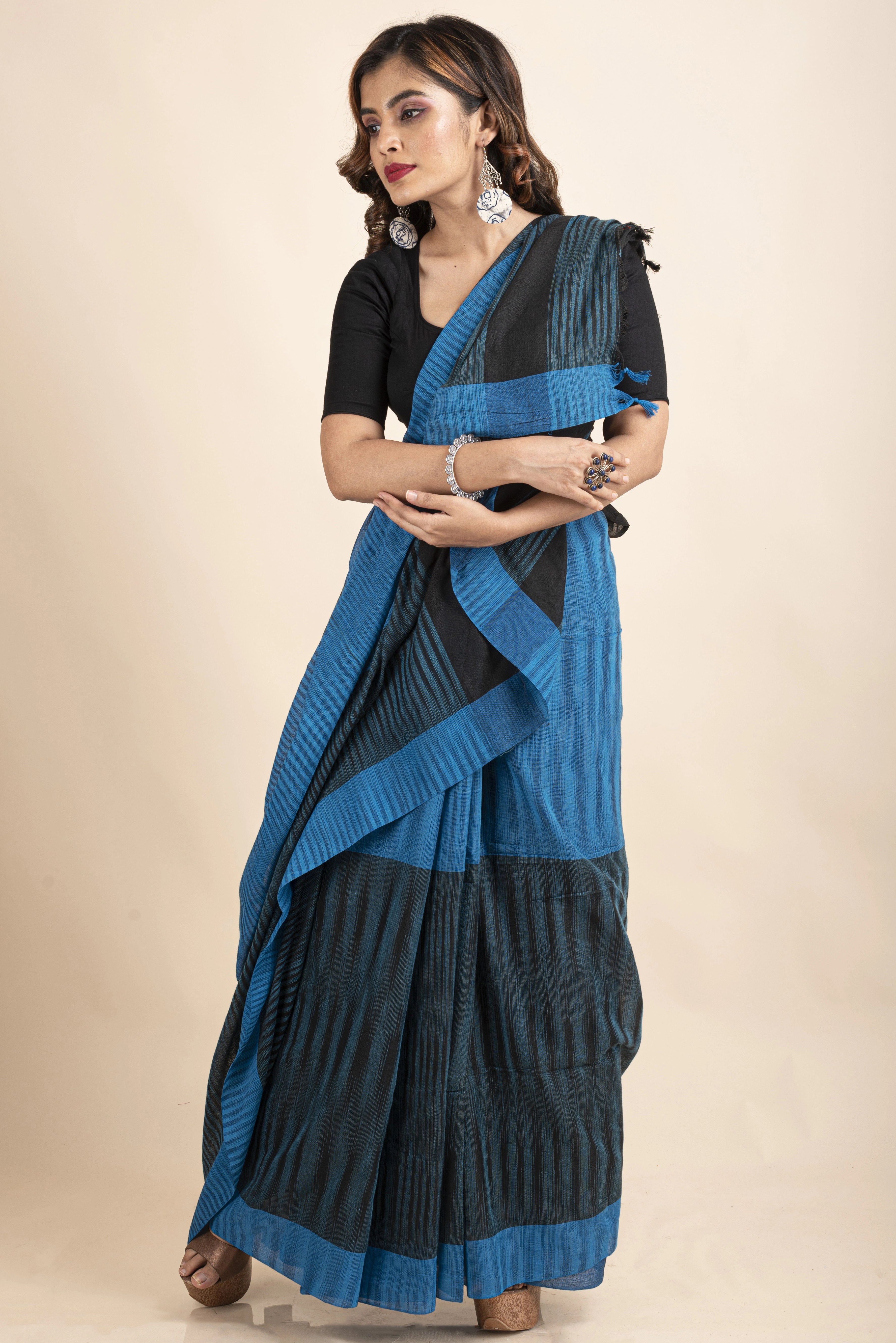 Pure Cotton Blue Black Santipuri Pompom Jharna Saree-Blue-Cotton-One Size-Sari-Female-Adult-3