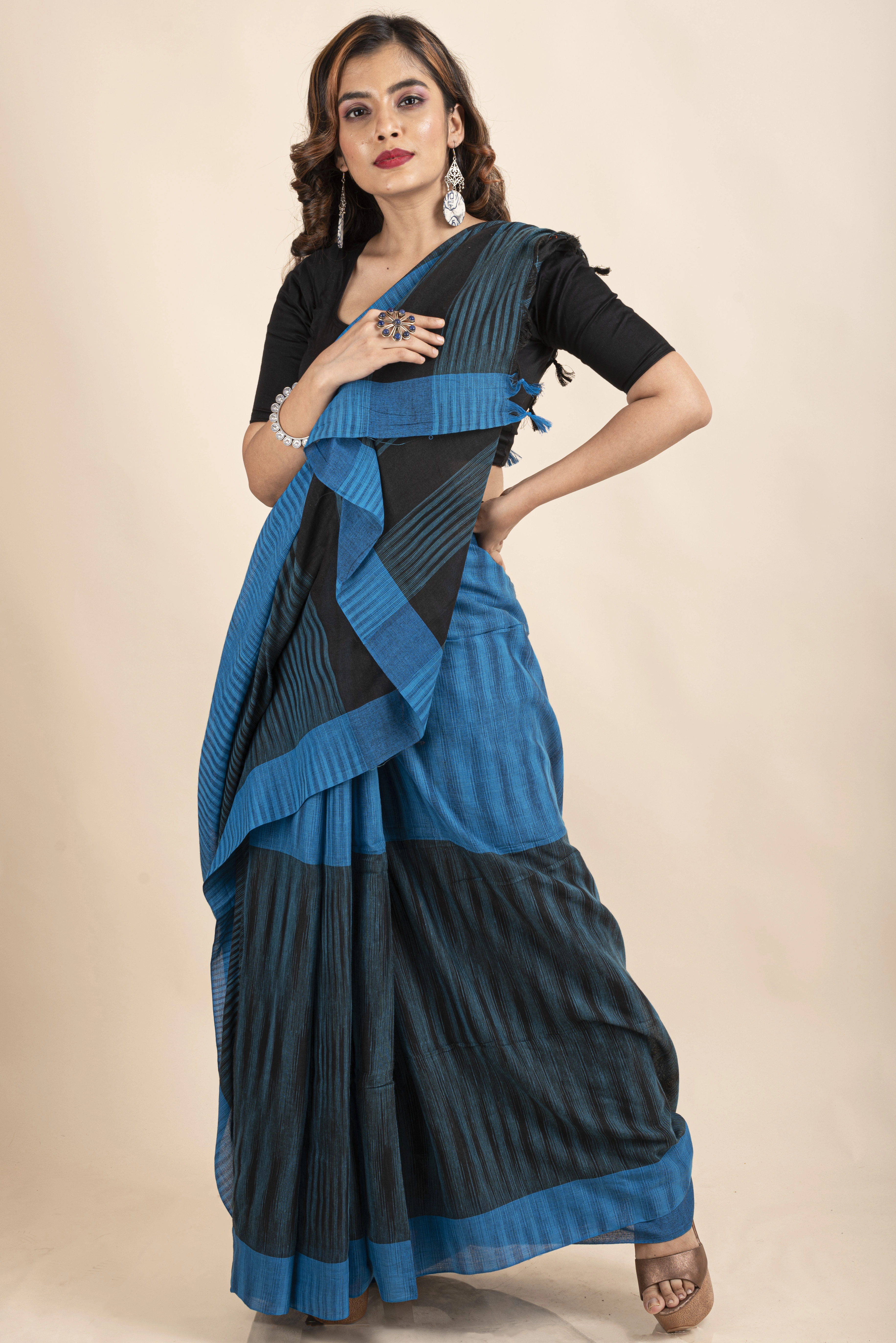 Pure Cotton Blue Black Santipuri Pompom Jharna Saree-Blue-Cotton-One Size-Sari-Female-Adult-2