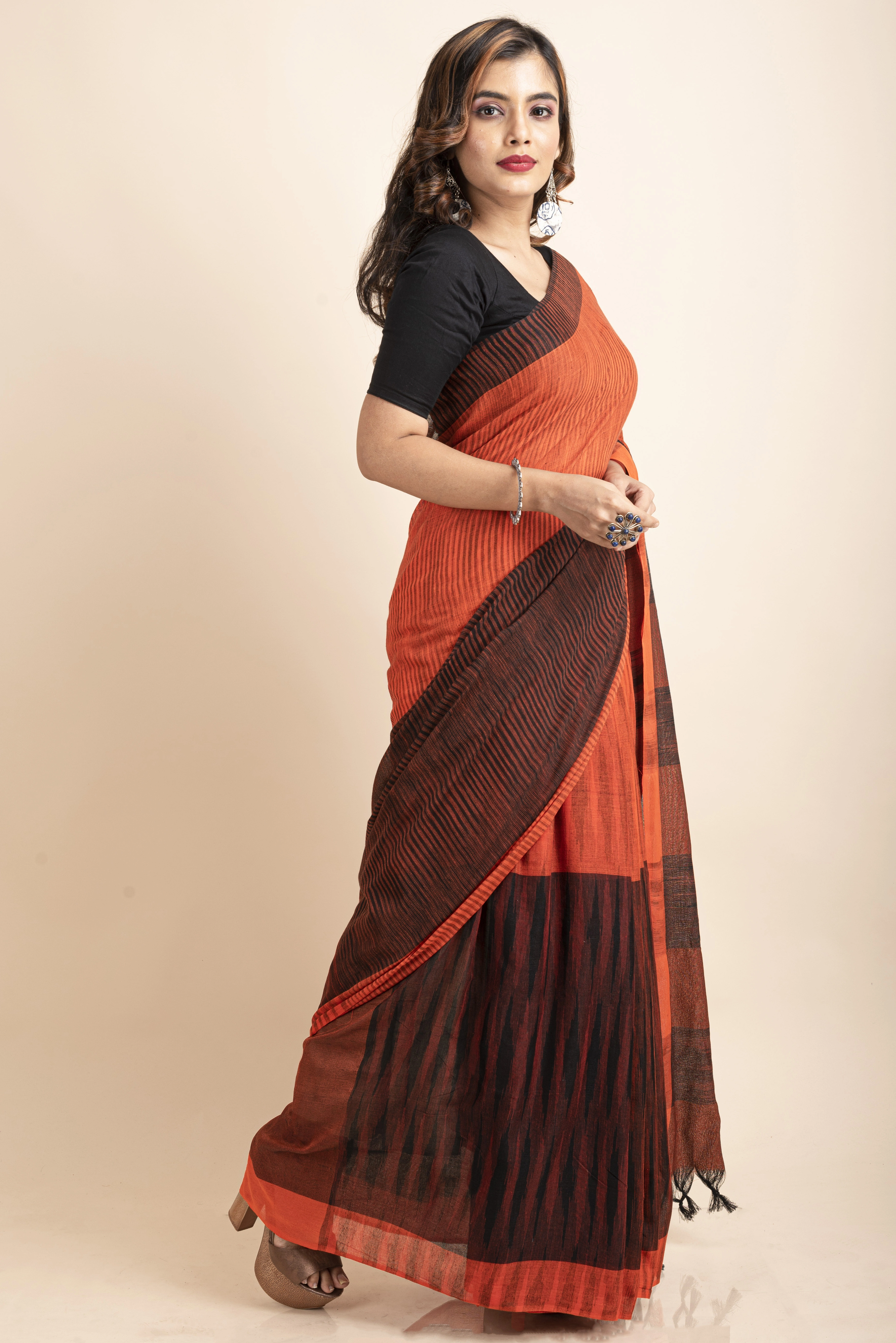 Pure Cotton Orange Black Santipuri Pompom Jharna Saree-Orange-Cotton-One Size-Sari-Female-Adult-2