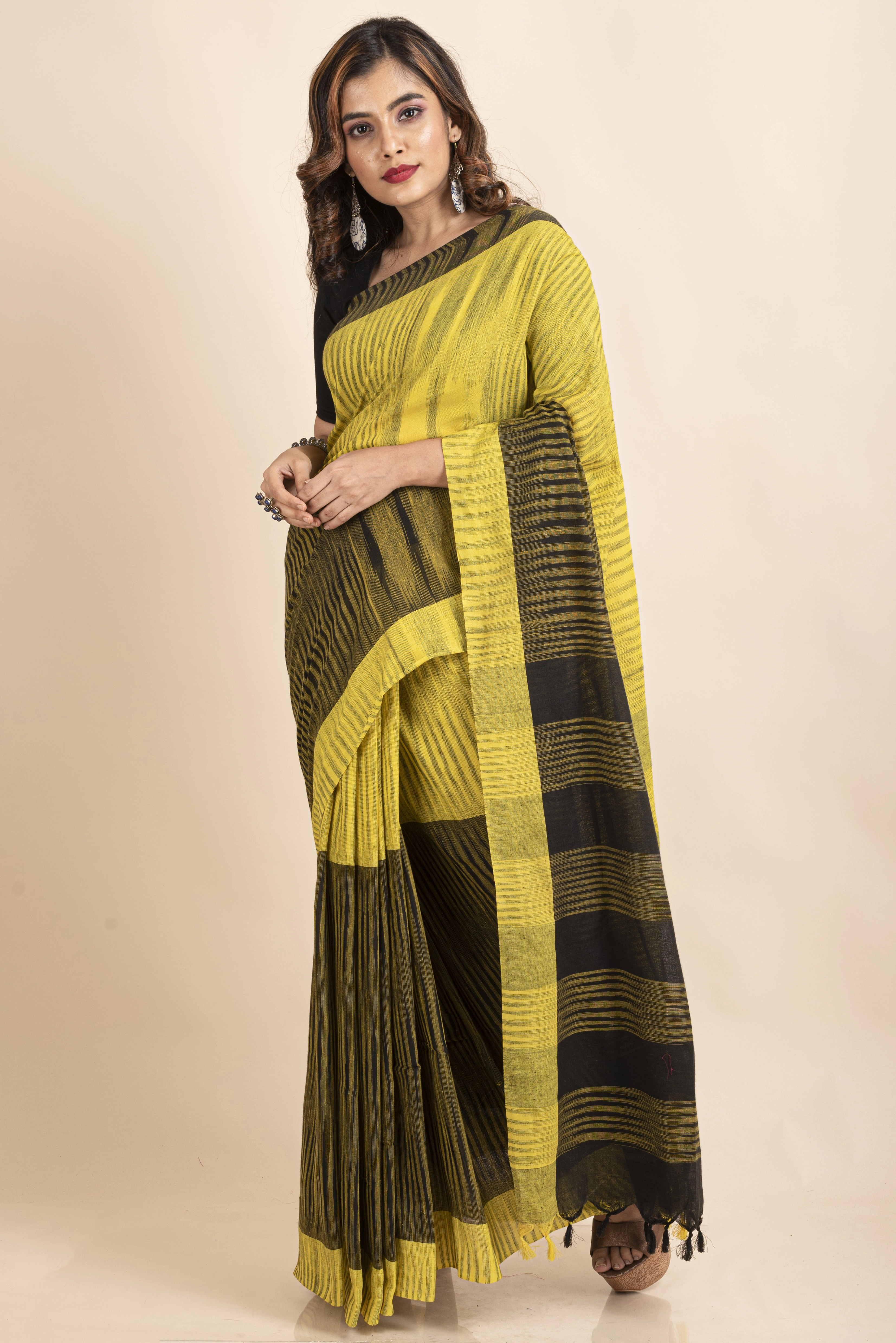 Pure Cotton Yellow Black Santipuri Pompom Jharna Saree-Yellow-Cotton-One Size-Sari-Female-Adult-4