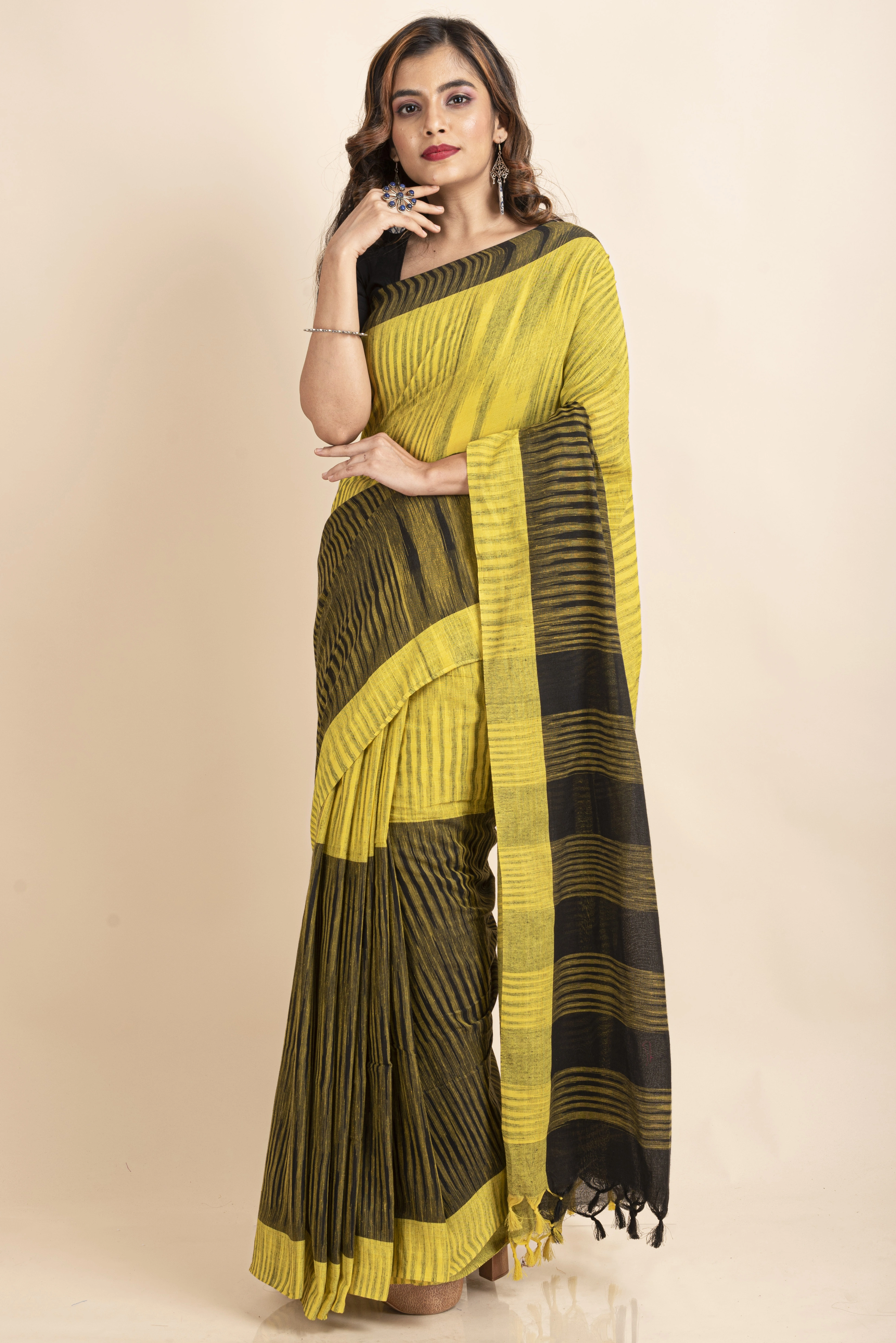 Pure Cotton Yellow Black Santipuri Pompom Jharna Saree-Yellow-Cotton-One Size-Sari-Female-Adult-2