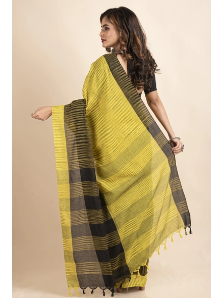 Pure Cotton Yellow Black Santipuri Pompom Jharna Saree-Yellow-Cotton-One Size-Sari-Female-Adult-1