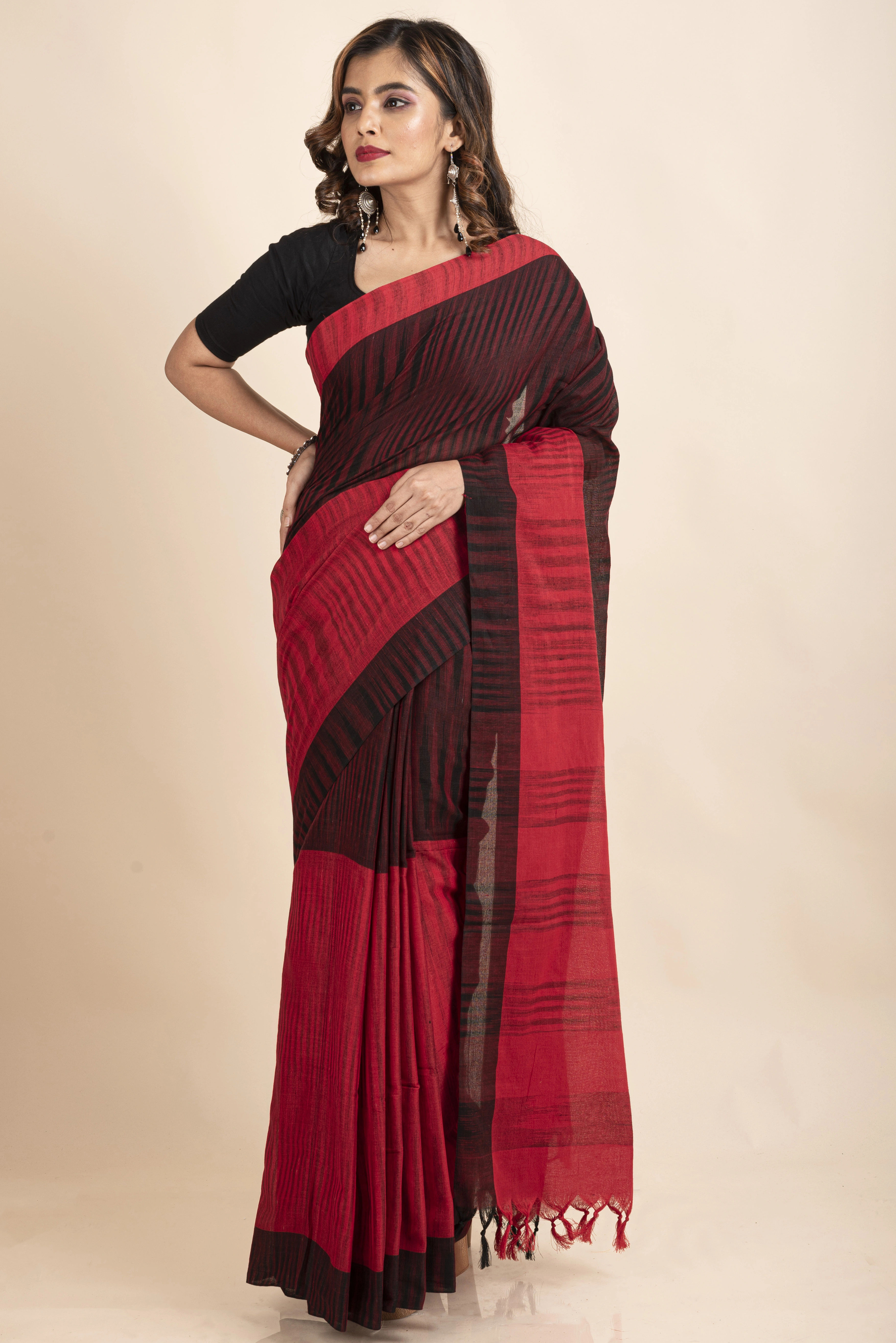 Pure Cotton Red Black Santipuri Pompom Jharna Saree-Red-Cotton-One Size-Sari-Female-Adult-2