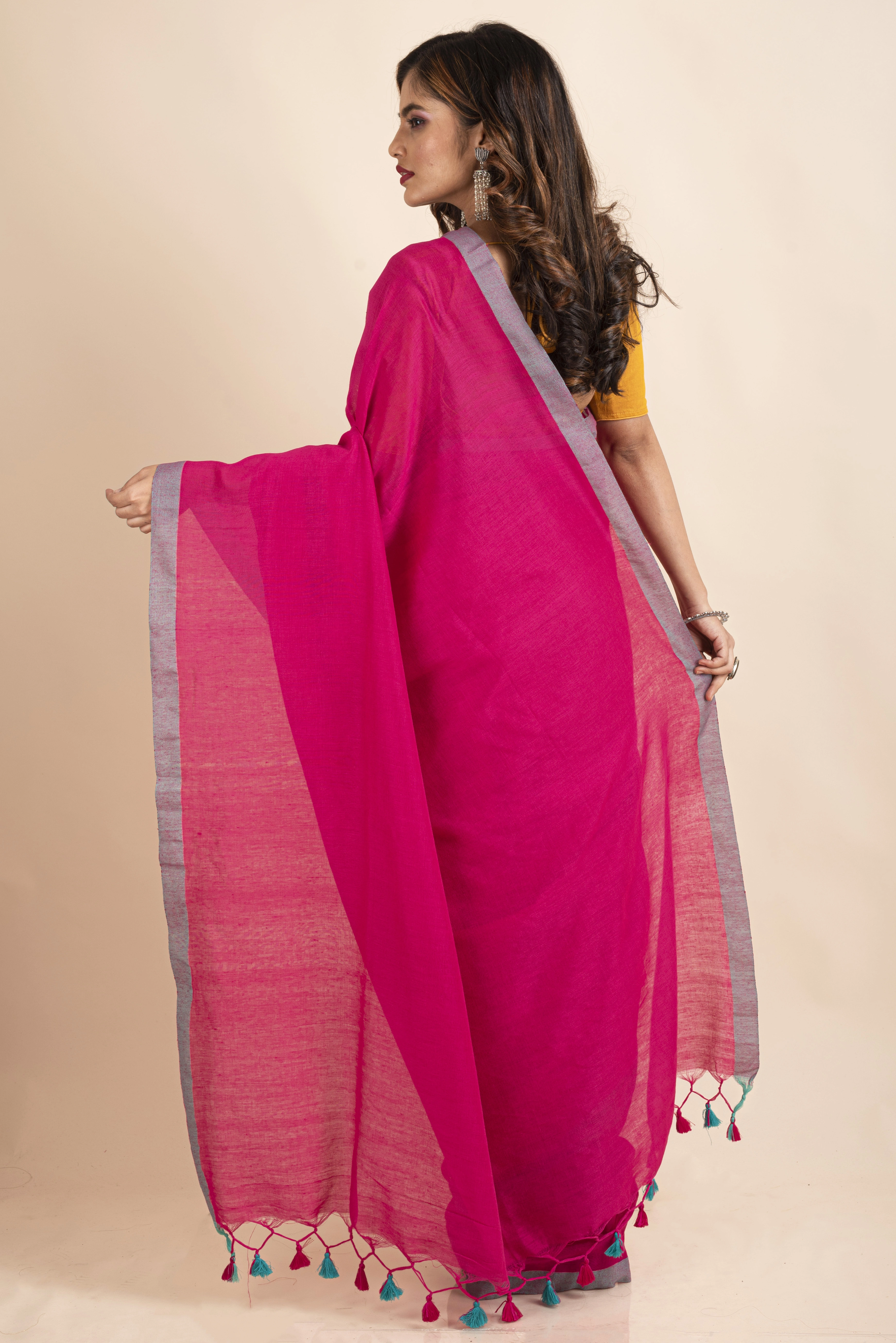 Fuchsia Pink Handloom Cotton Teal Green Border Saree with Blouse Piece-Pink-Cotton-One Size-Sari-Female-Adult-1