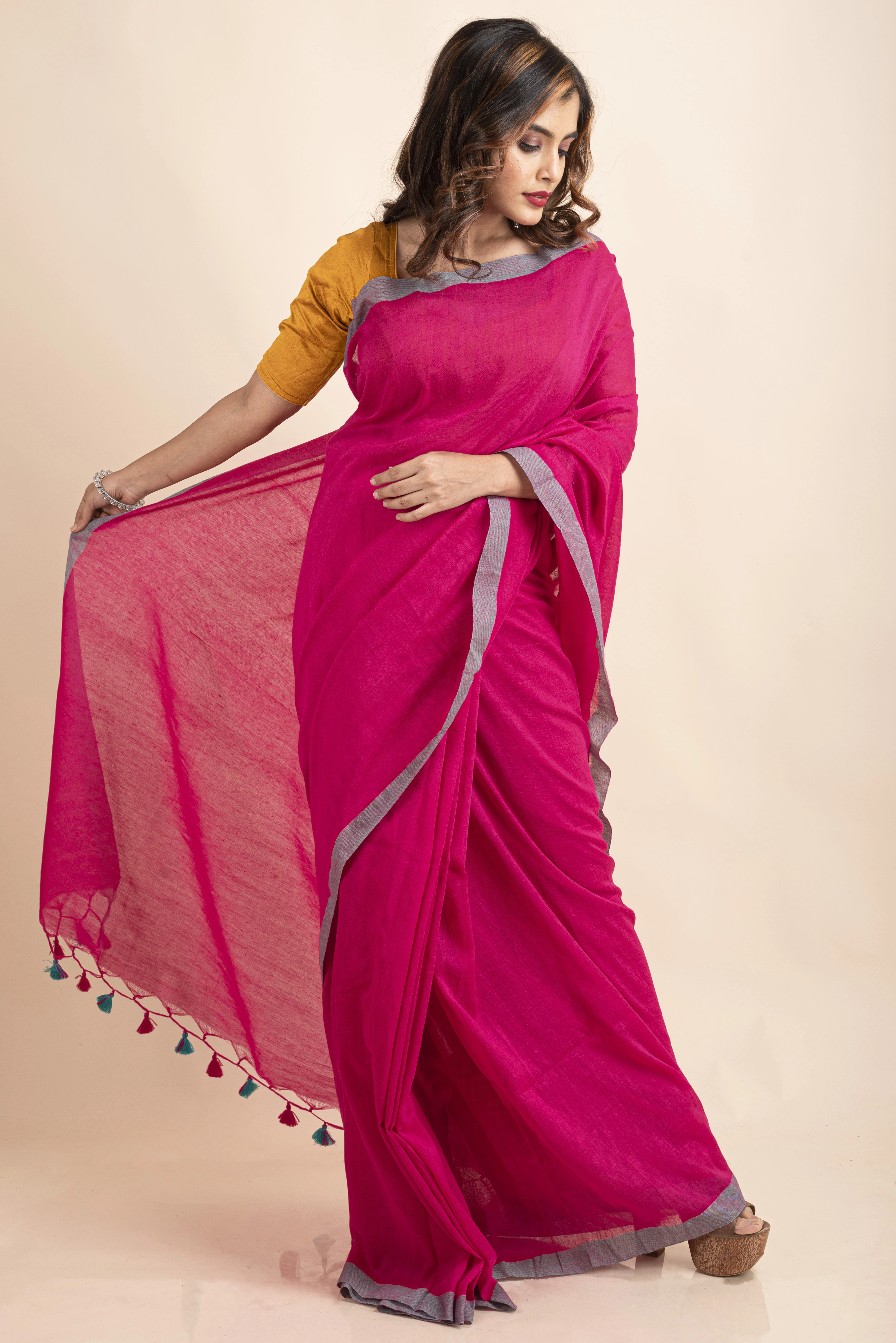 Fuchsia Pink Handloom Cotton Teal Green Border Saree with Blouse Piece-Pink-Cotton-One Size-Sari-Female-Adult-3