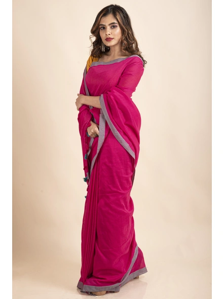 Fuchsia Pink Handloom Cotton Teal Green Border Saree with Blouse Piece-Pink-Cotton-One Size-Sari-Female-Adult-4