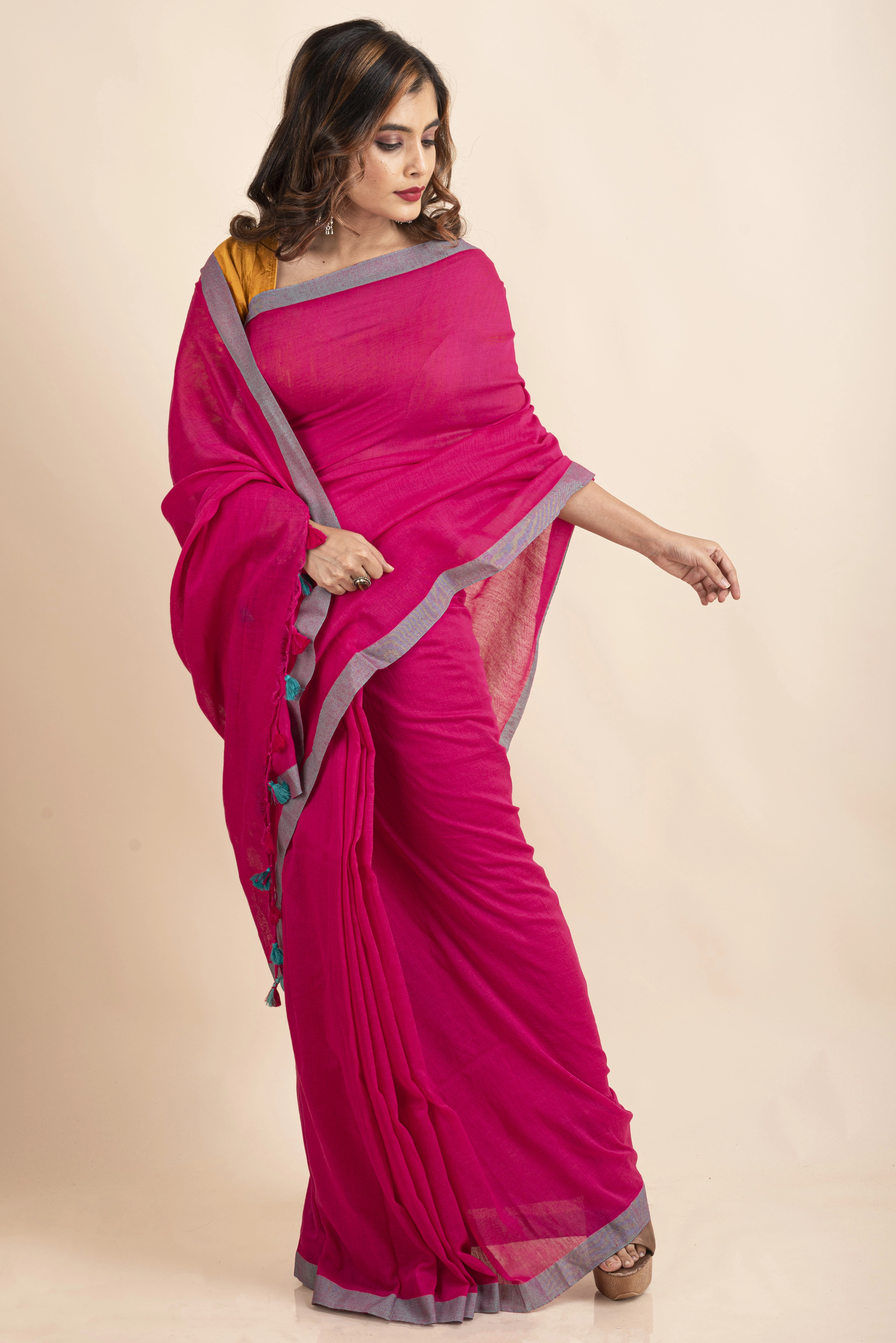Fuchsia Pink Handloom Cotton Teal Green Border Saree with Blouse Piece-Pink-Cotton-One Size-Sari-Female-Adult-2